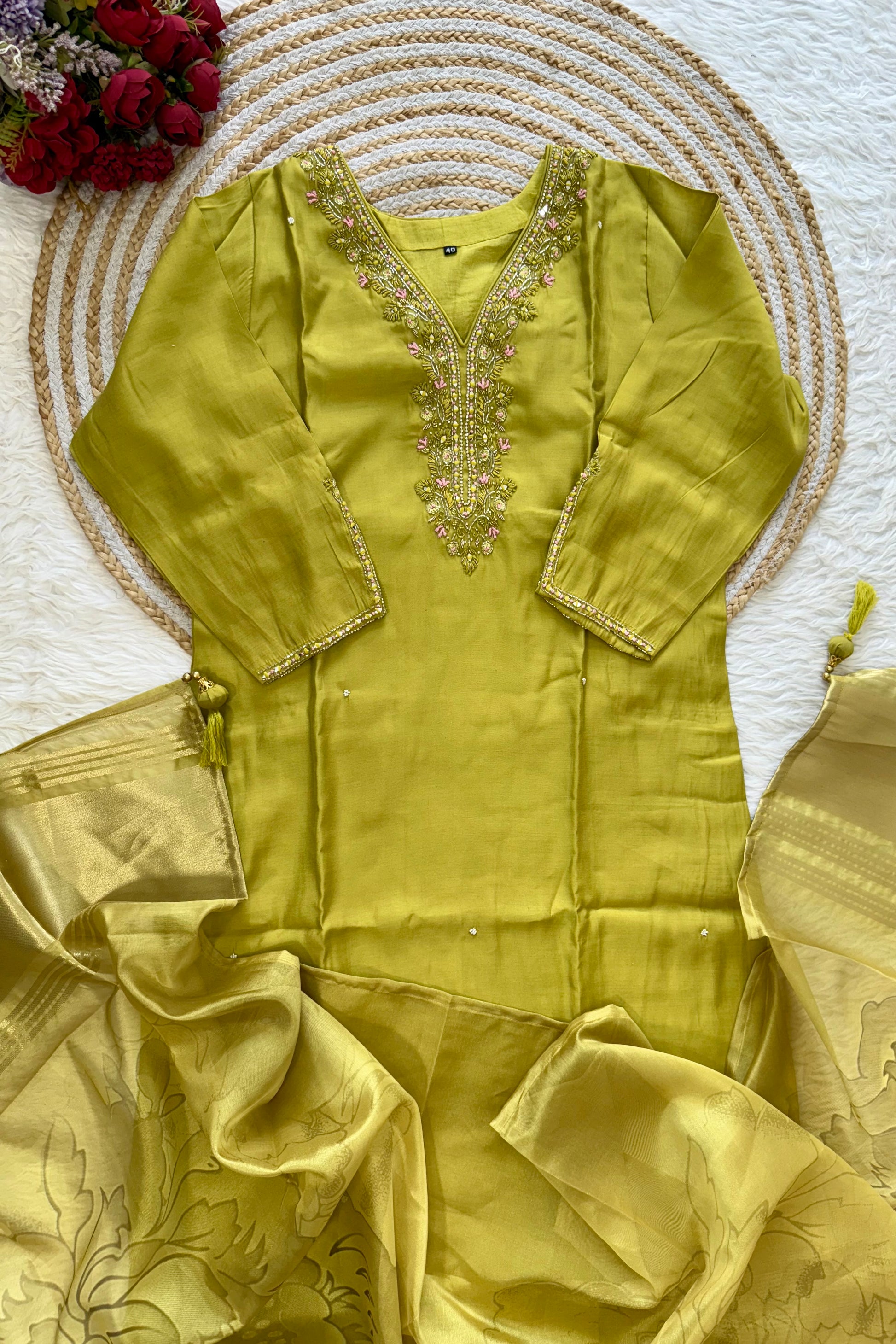 “UMA” Premium roman silk handcrafted kurti set