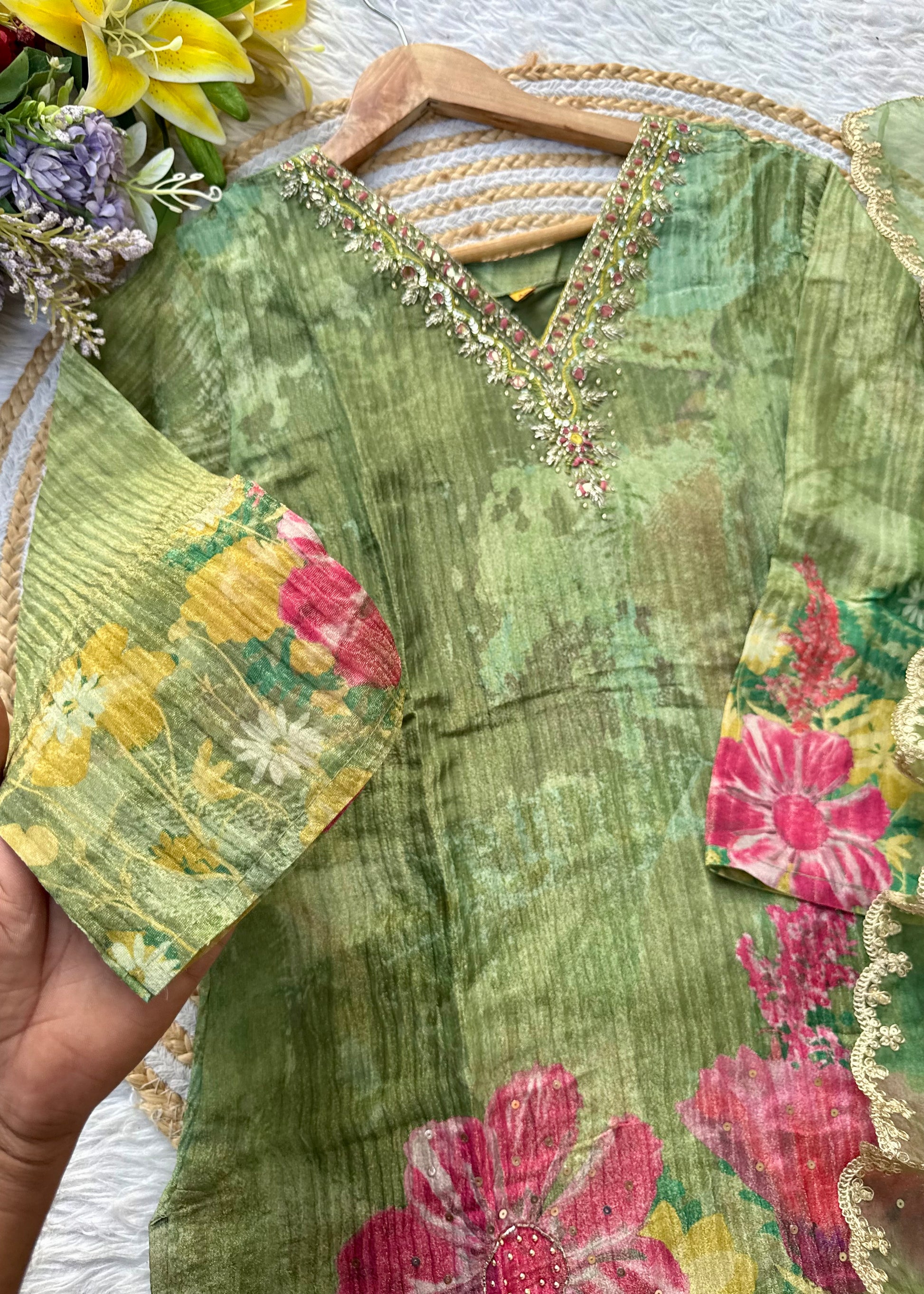 “Darkaar" Premium printed Tissue silk handcrafted kurti bottom with dupatta set 🛍️