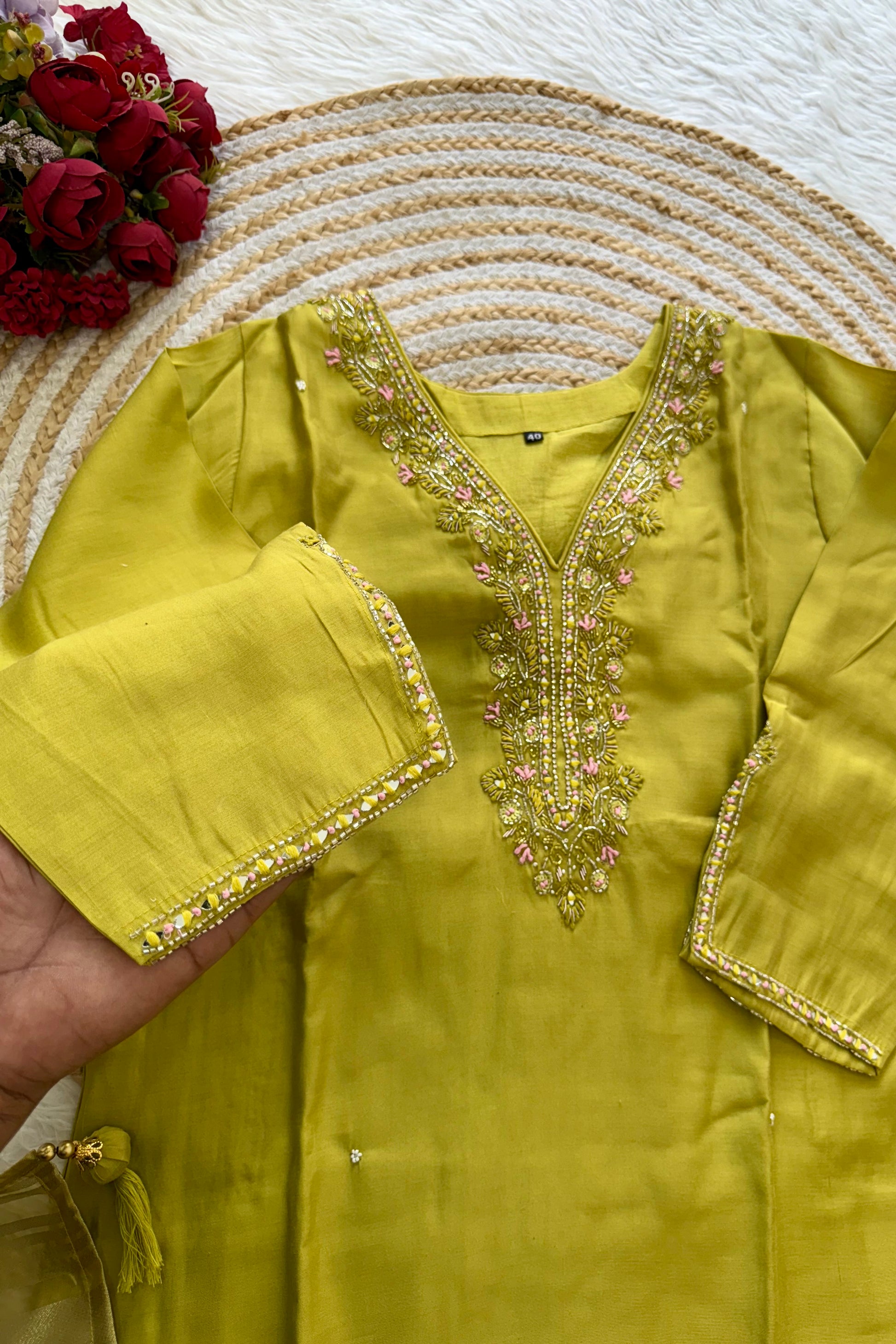 “UMA” Premium roman silk handcrafted kurti set