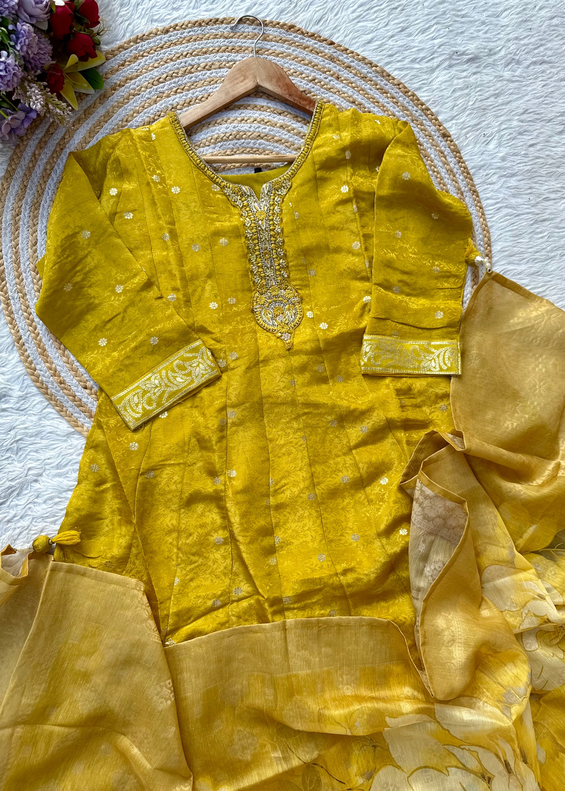 “AMBER” Festive wear handcrafted tissue silk anarkali set