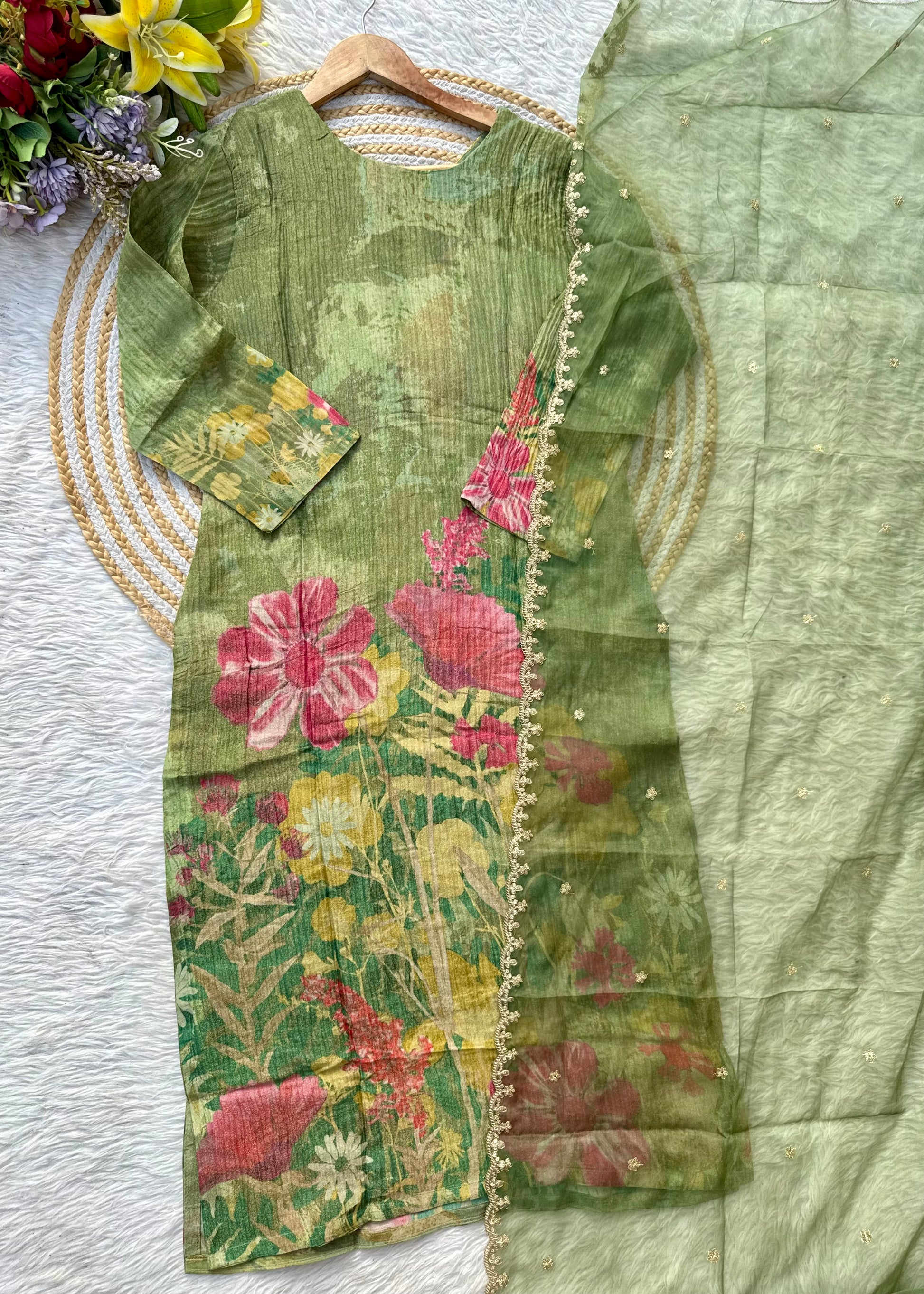 “Darkaar" Premium printed Tissue silk handcrafted kurti bottom with dupatta set 🛍️