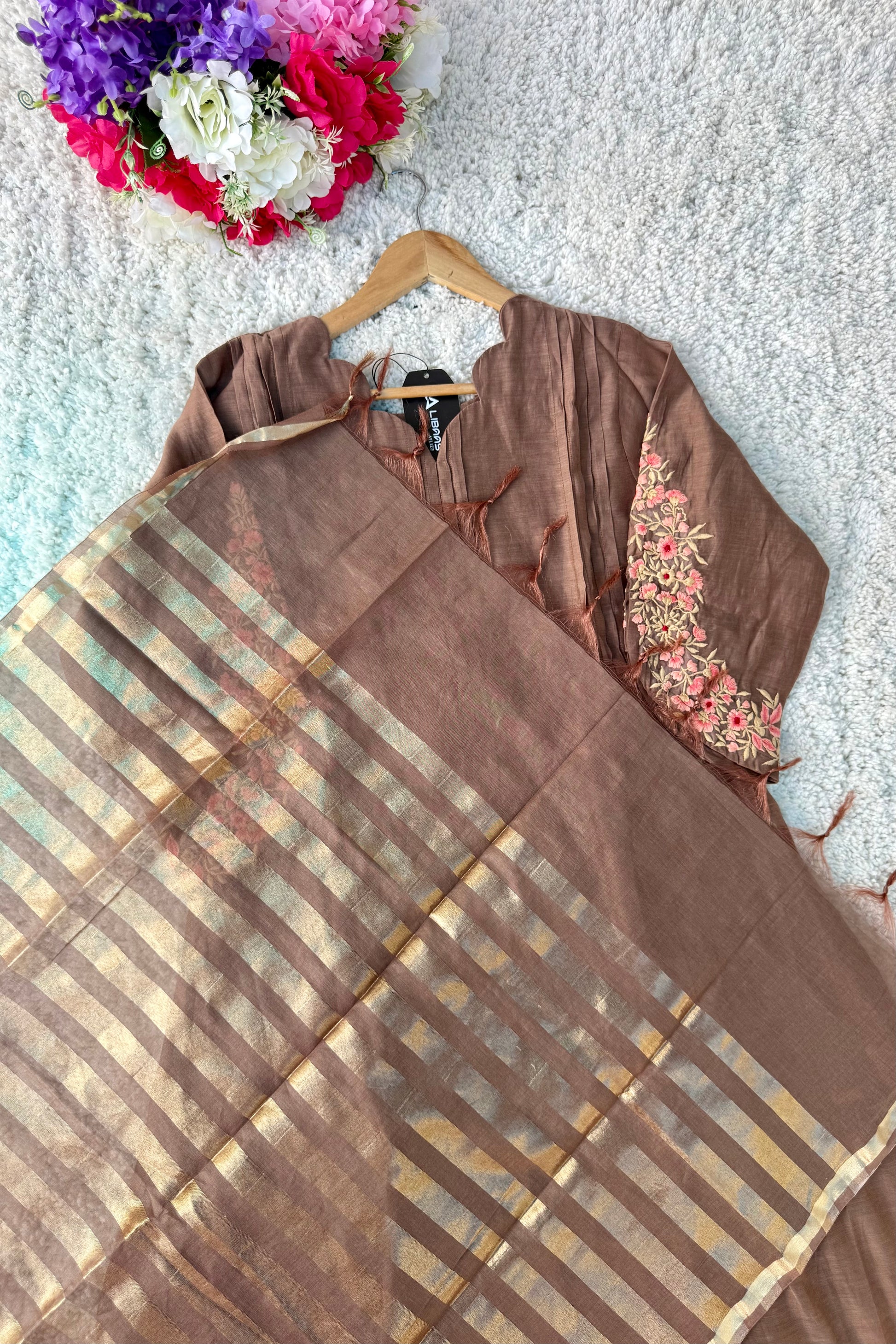 🛍️”Az021 – Premium Coffe Brown Mul Chanderi A Line Kurta Set