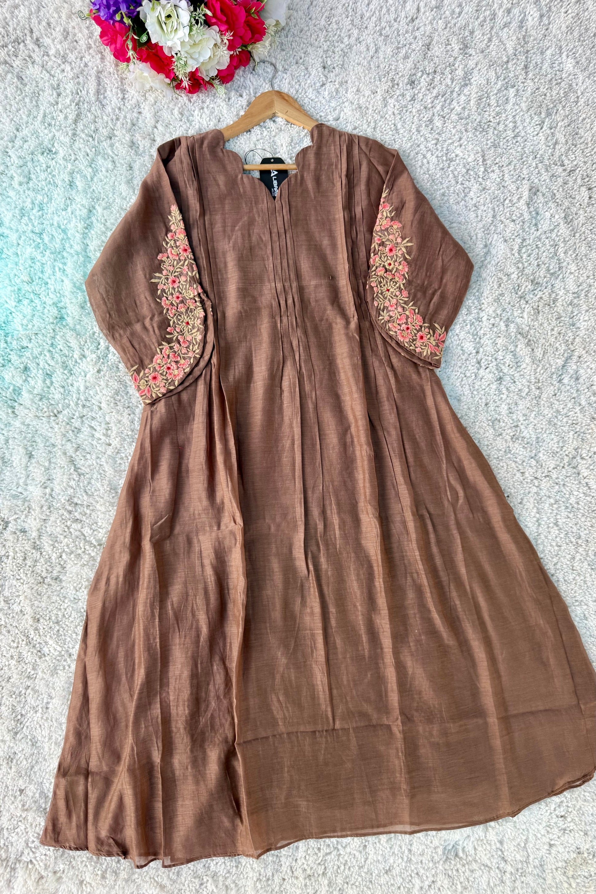 🛍️”Az021 – Premium Coffe Brown Mul Chanderi A Line Kurta Set