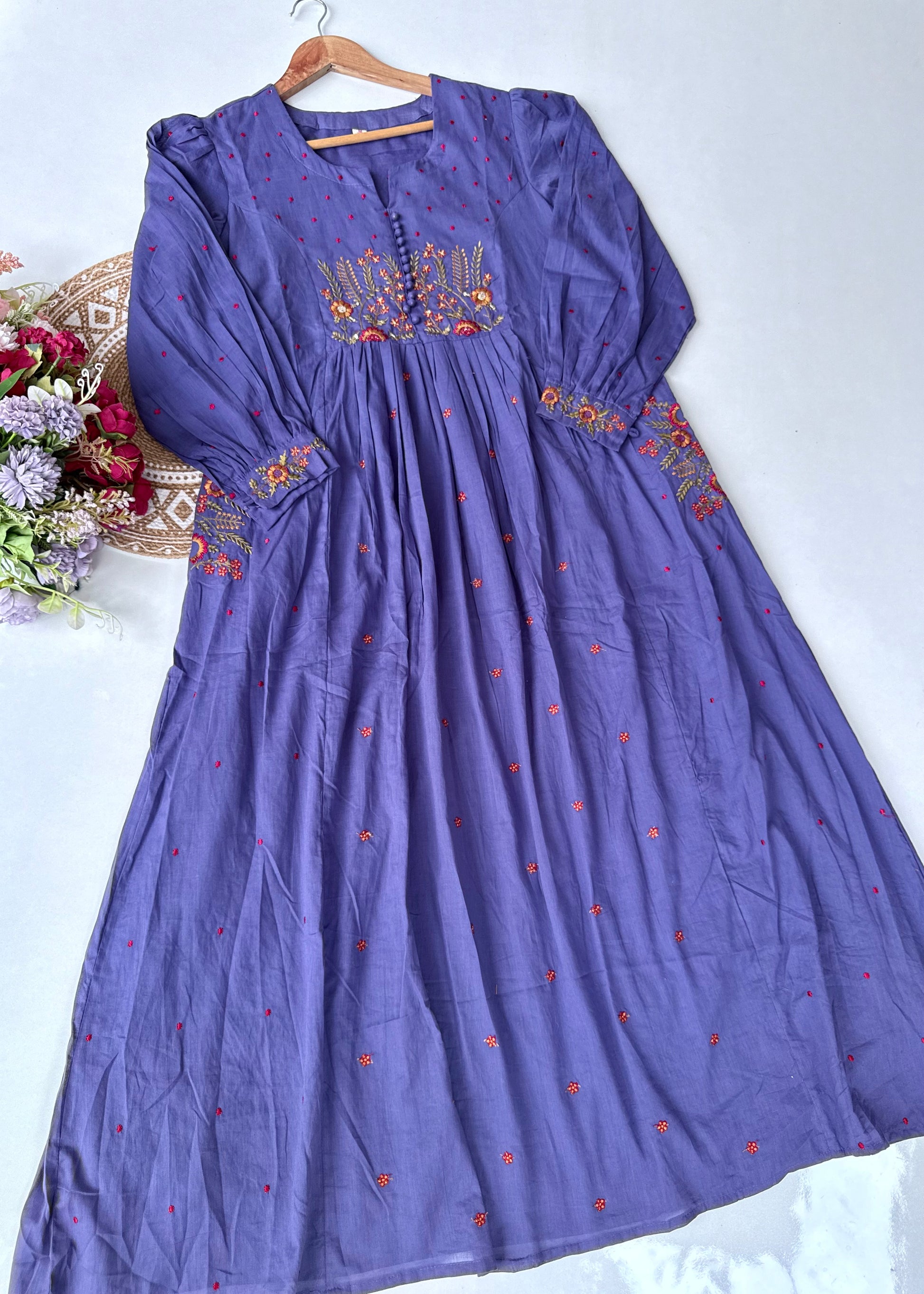 “Hera” Muted Purple Mulmul Anarkali suit set