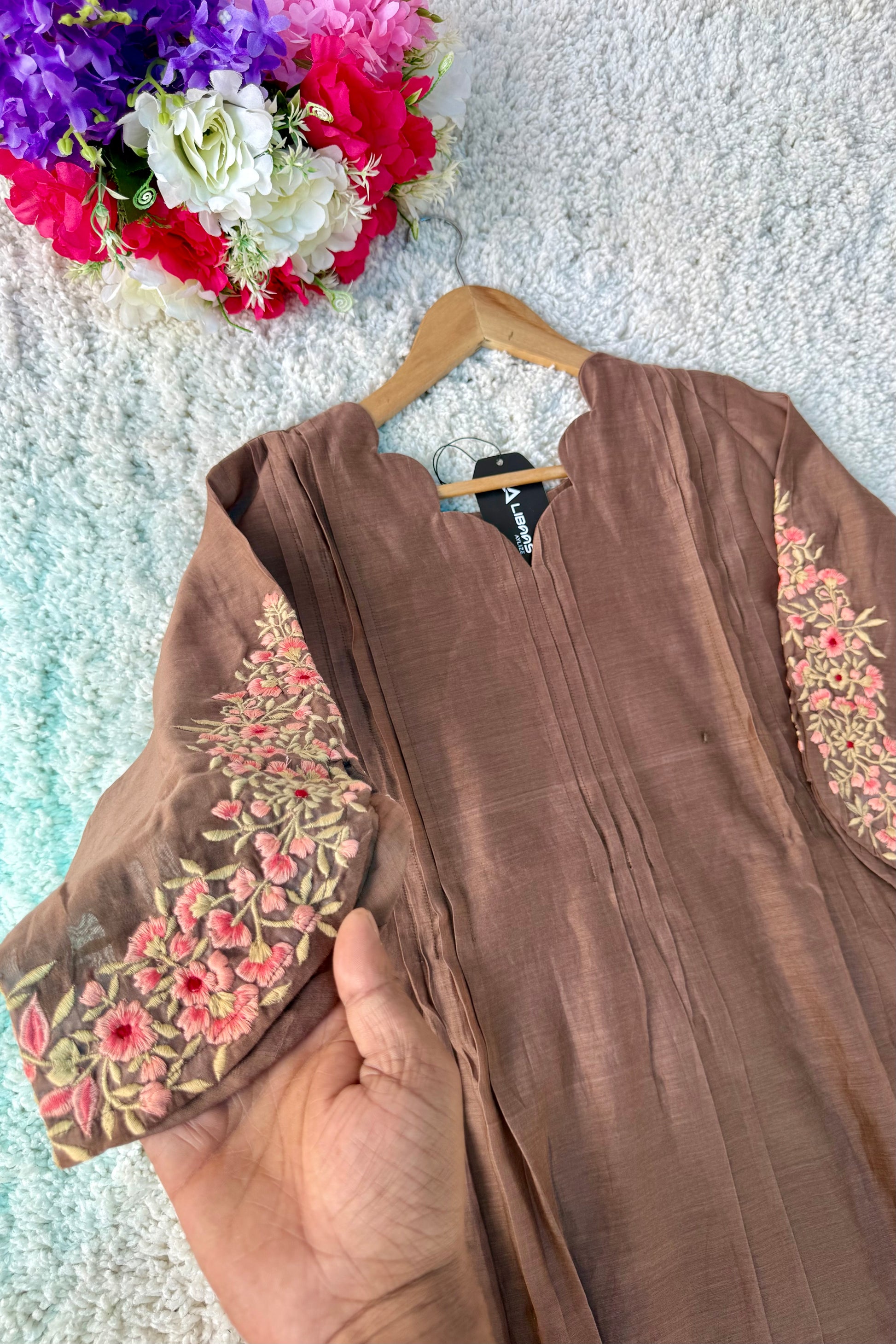 🛍️”Az021 – Premium Coffe Brown Mul Chanderi A Line Kurta Set