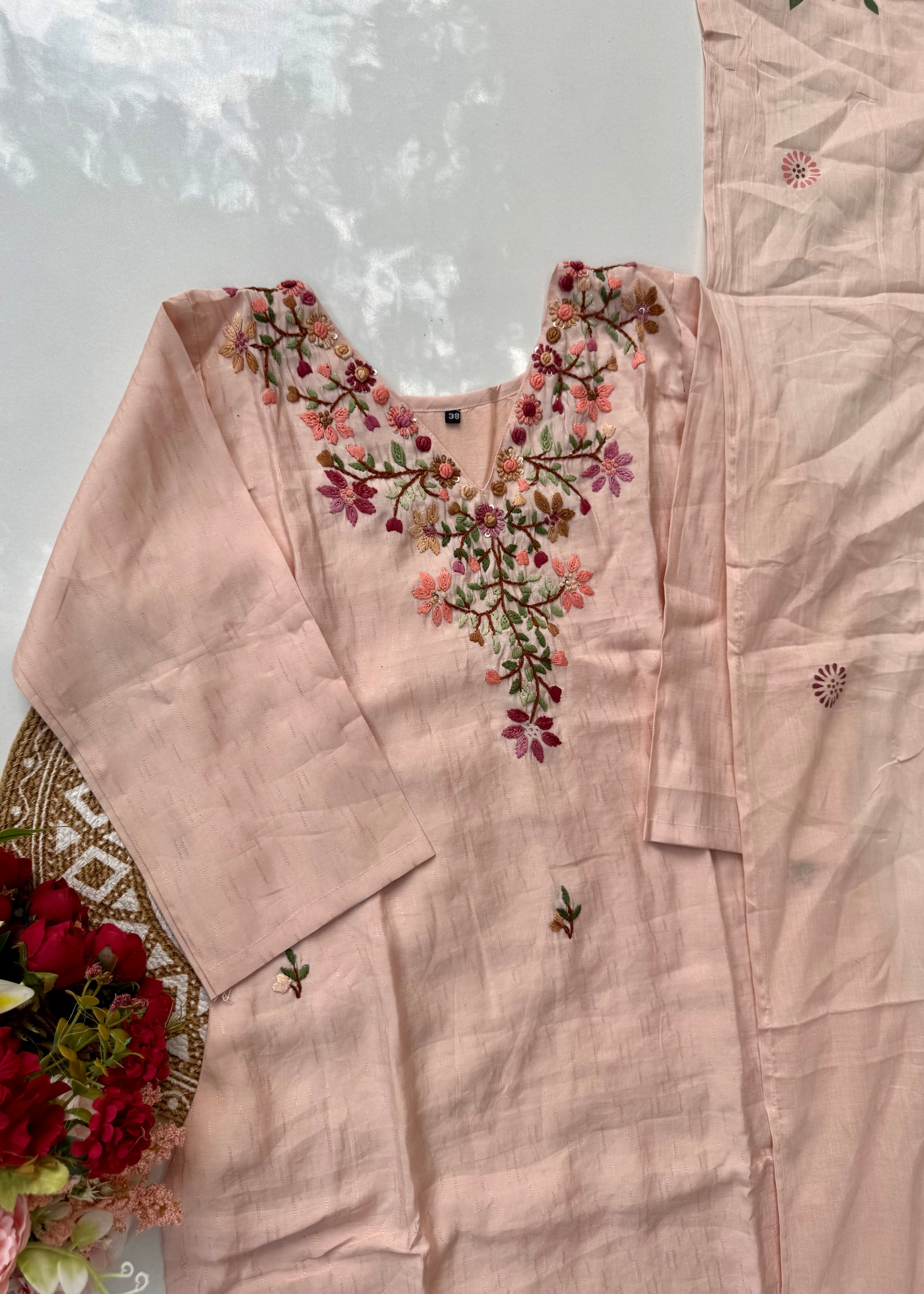 “Valentin” Premium cotton thread work kurti bottom dupatta set