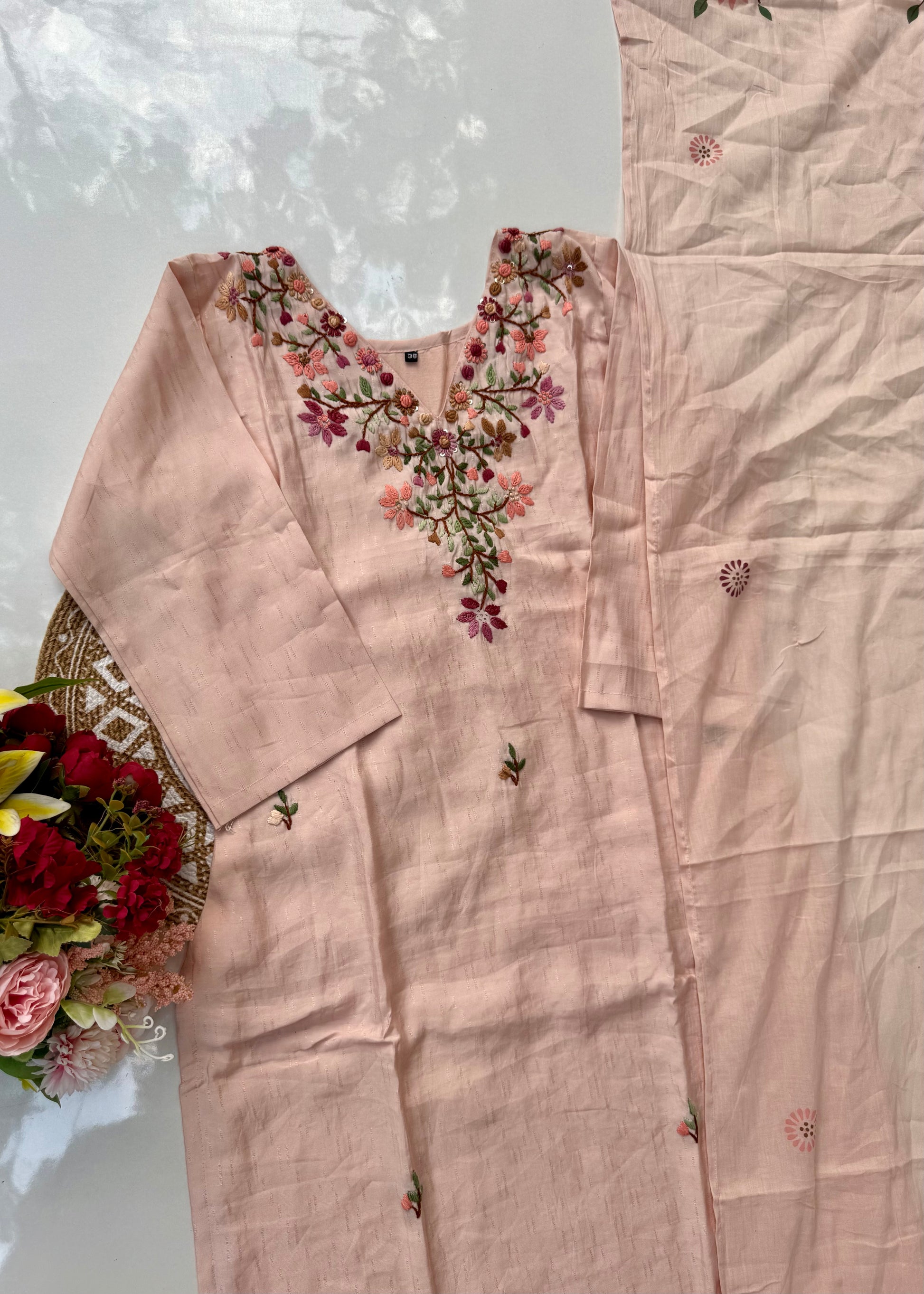 “Valentin” Premium cotton thread work kurti bottom dupatta set