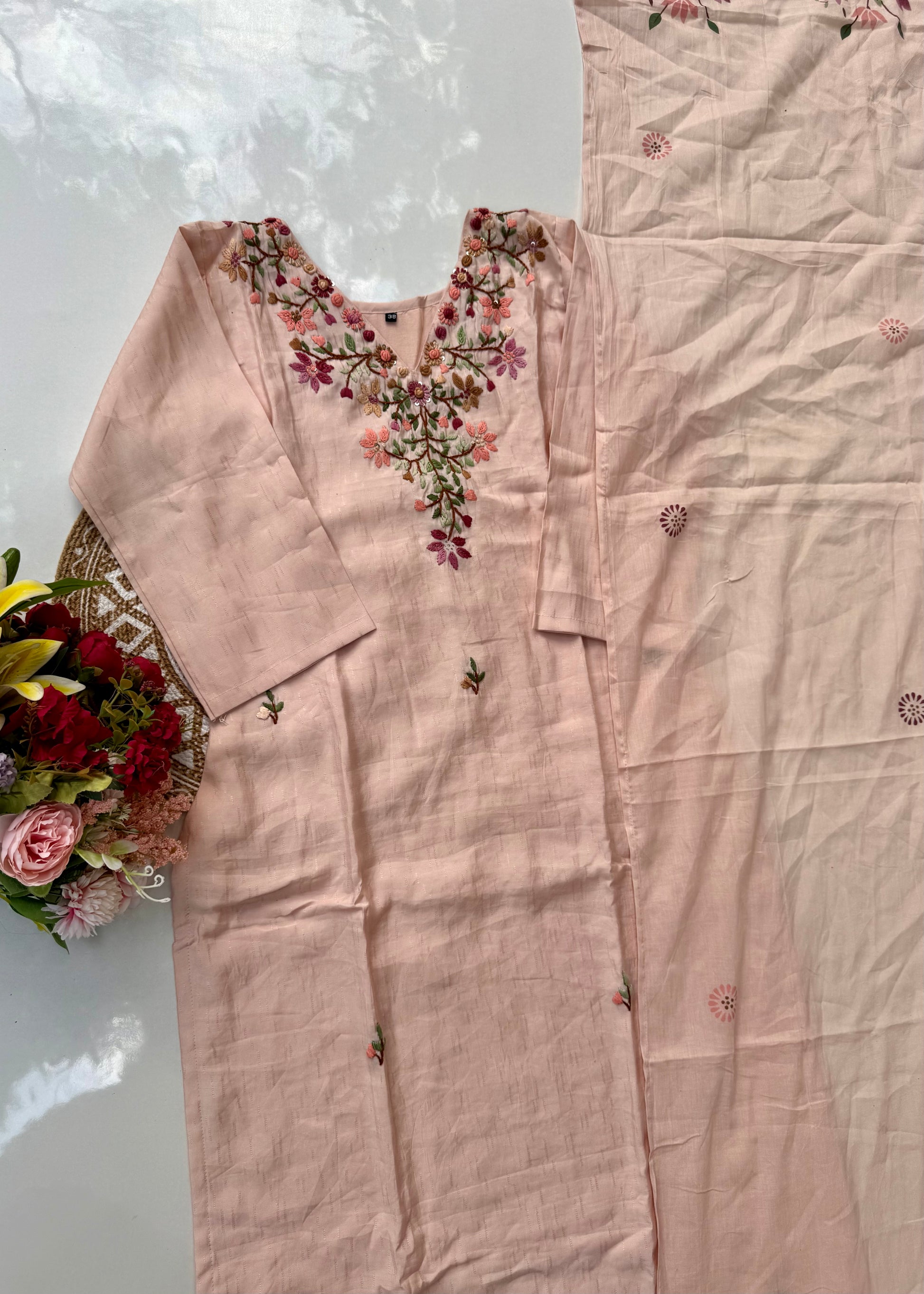 “Valentin” Premium cotton thread work kurti bottom dupatta set