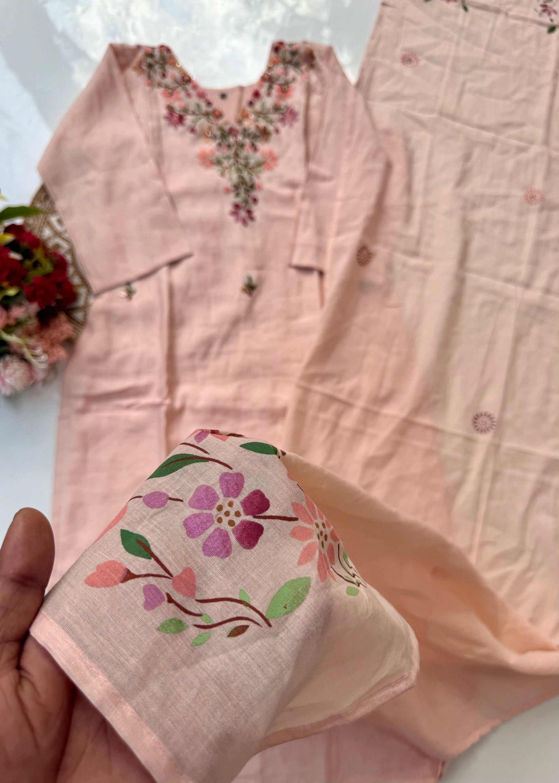 “Valentin” Premium cotton thread work kurti bottom dupatta set