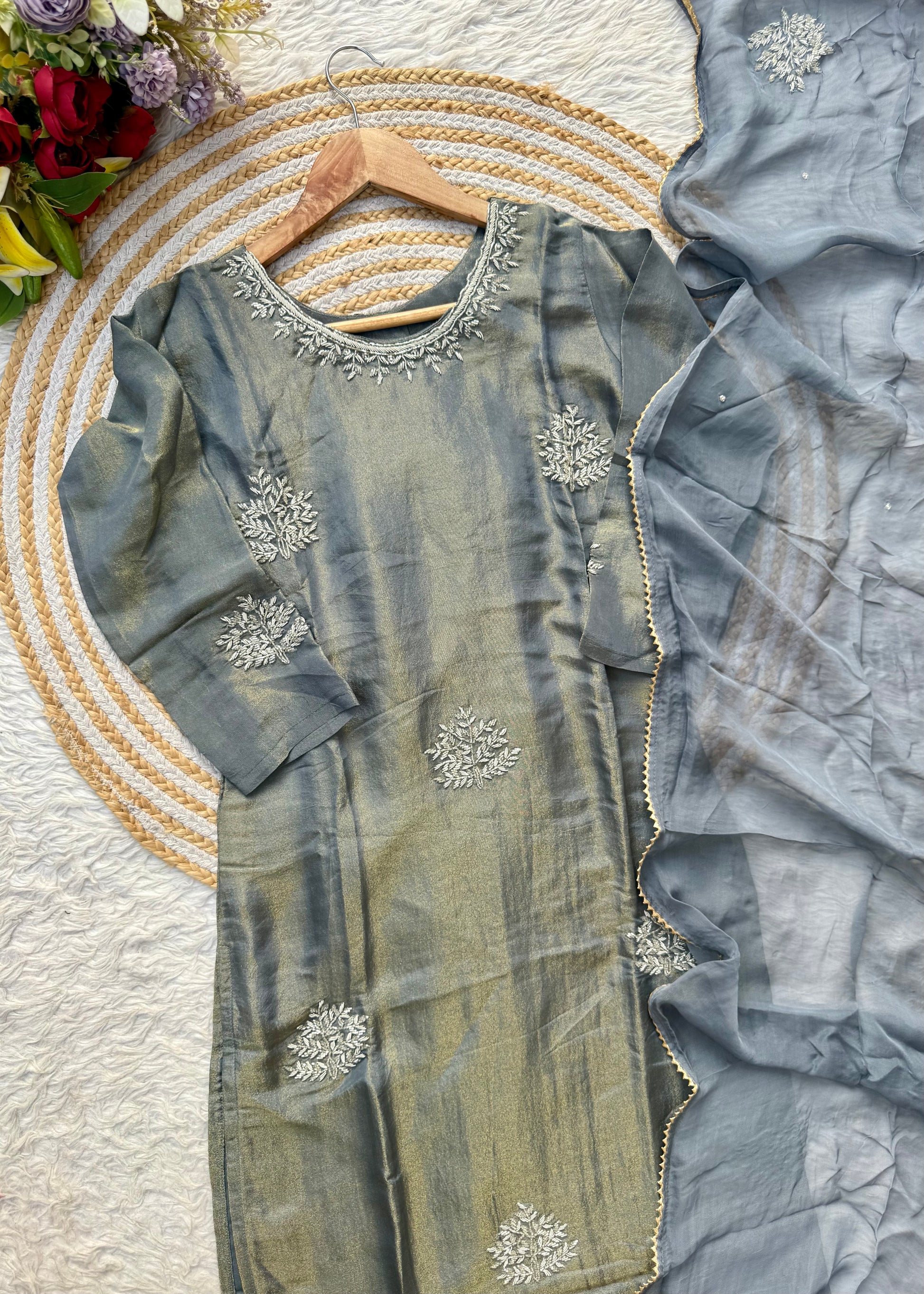 “DEEPALI” Best seller premium Silver Zardozi  tissue silk kurti set