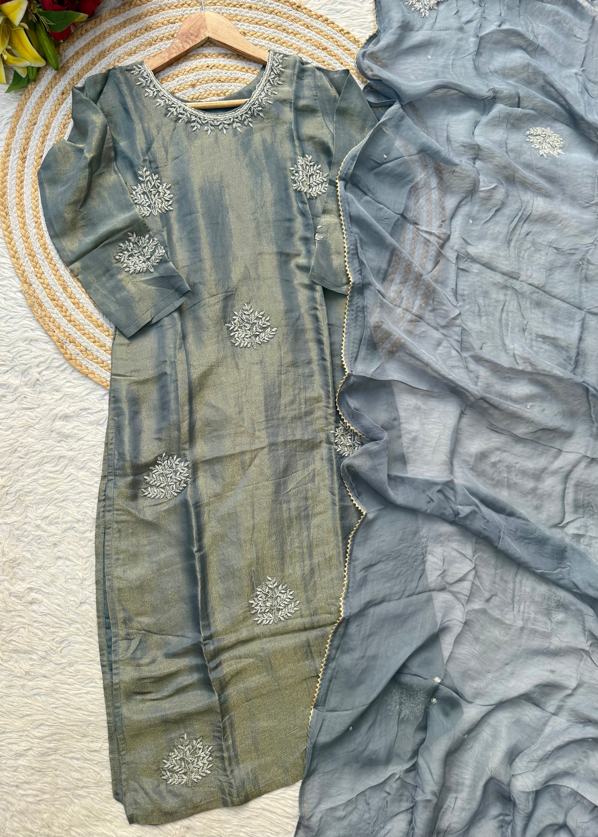 “DEEPALI” Best seller premium Silver Zardozi  tissue silk kurti set
