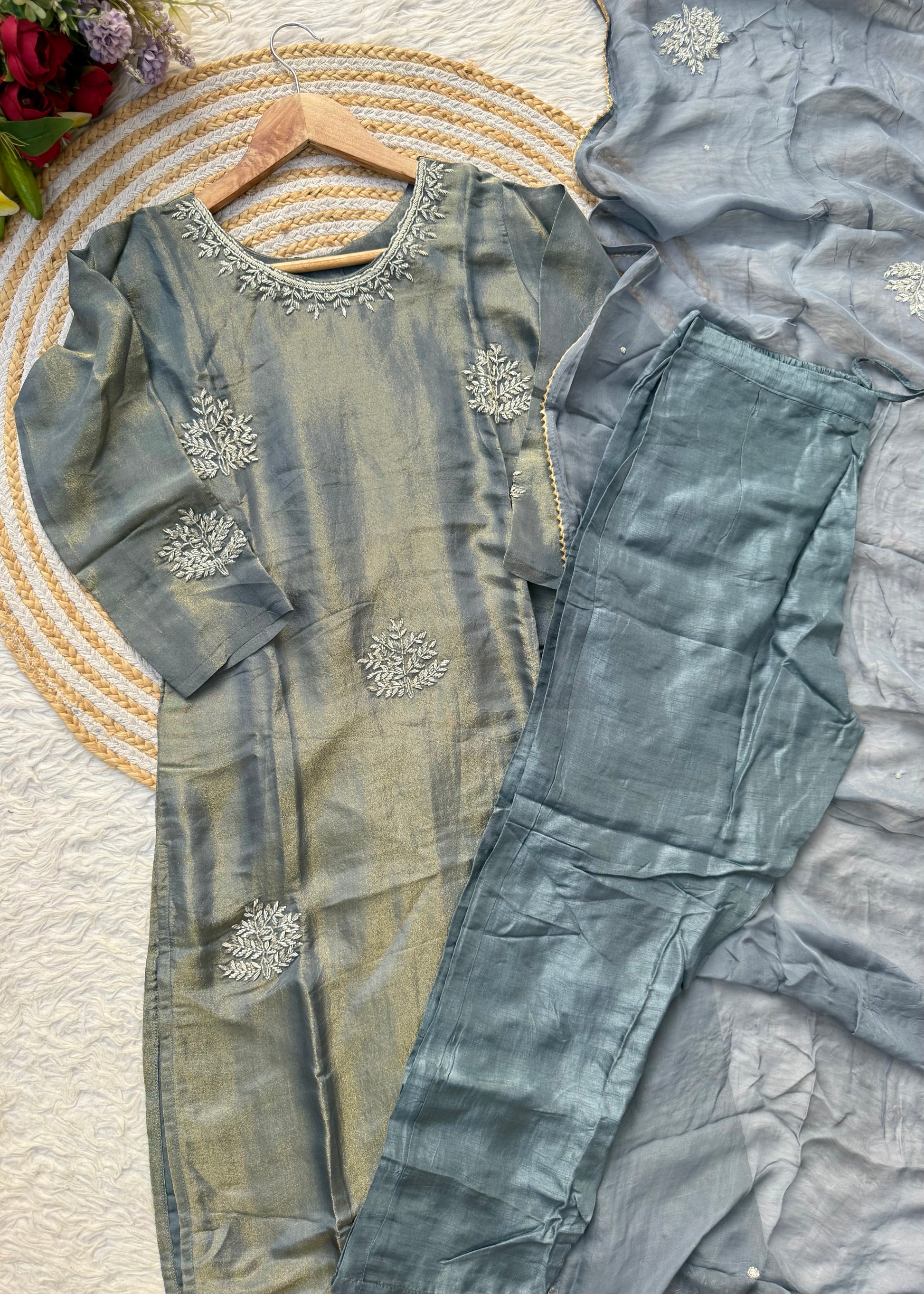 “DEEPALI” Best seller premium Silver Zardozi  tissue silk kurti set