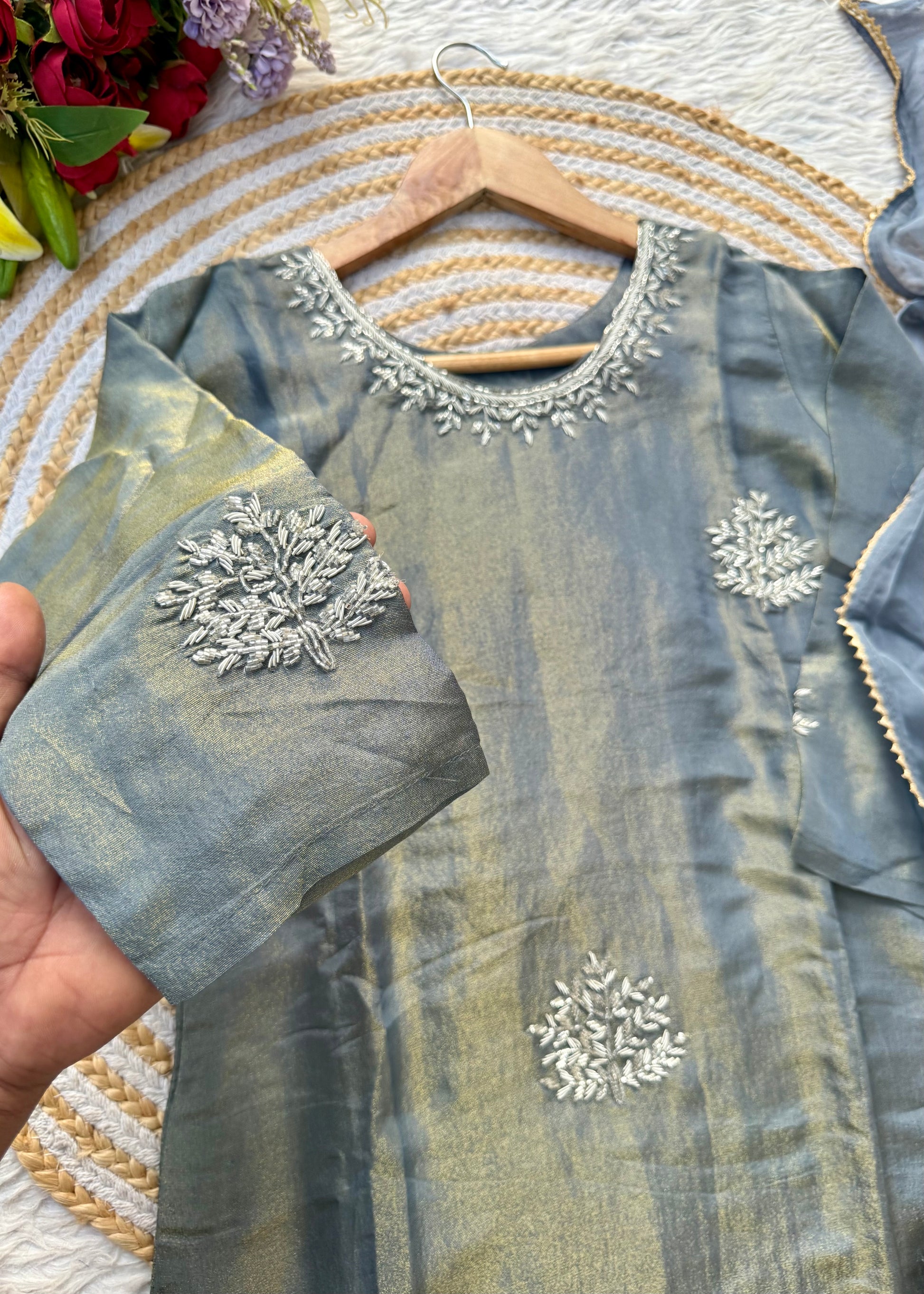 “DEEPALI” Best seller premium Silver Zardozi  tissue silk kurti set
