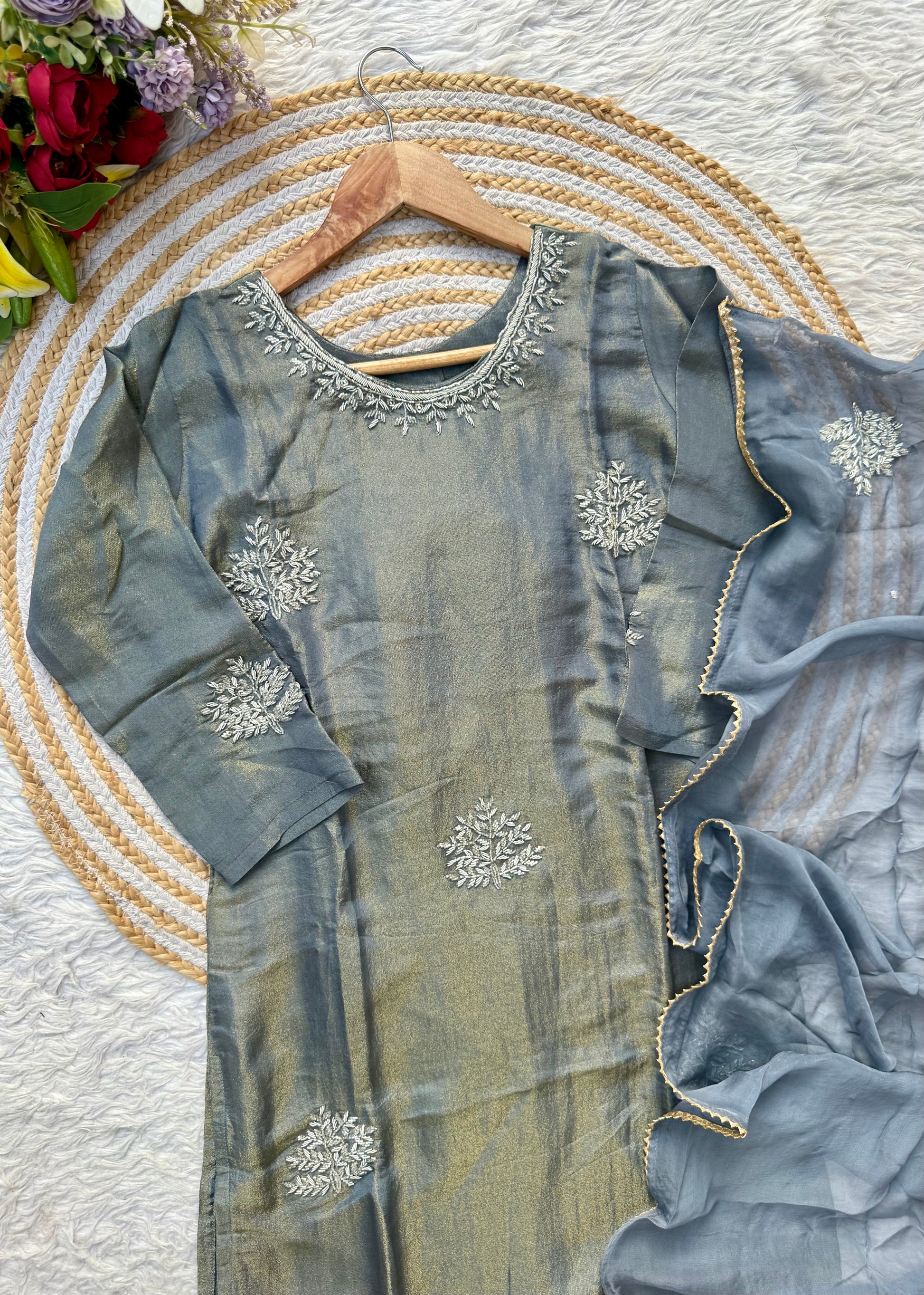 “DEEPALI” Best seller premium Silver Zardozi  tissue silk kurti set