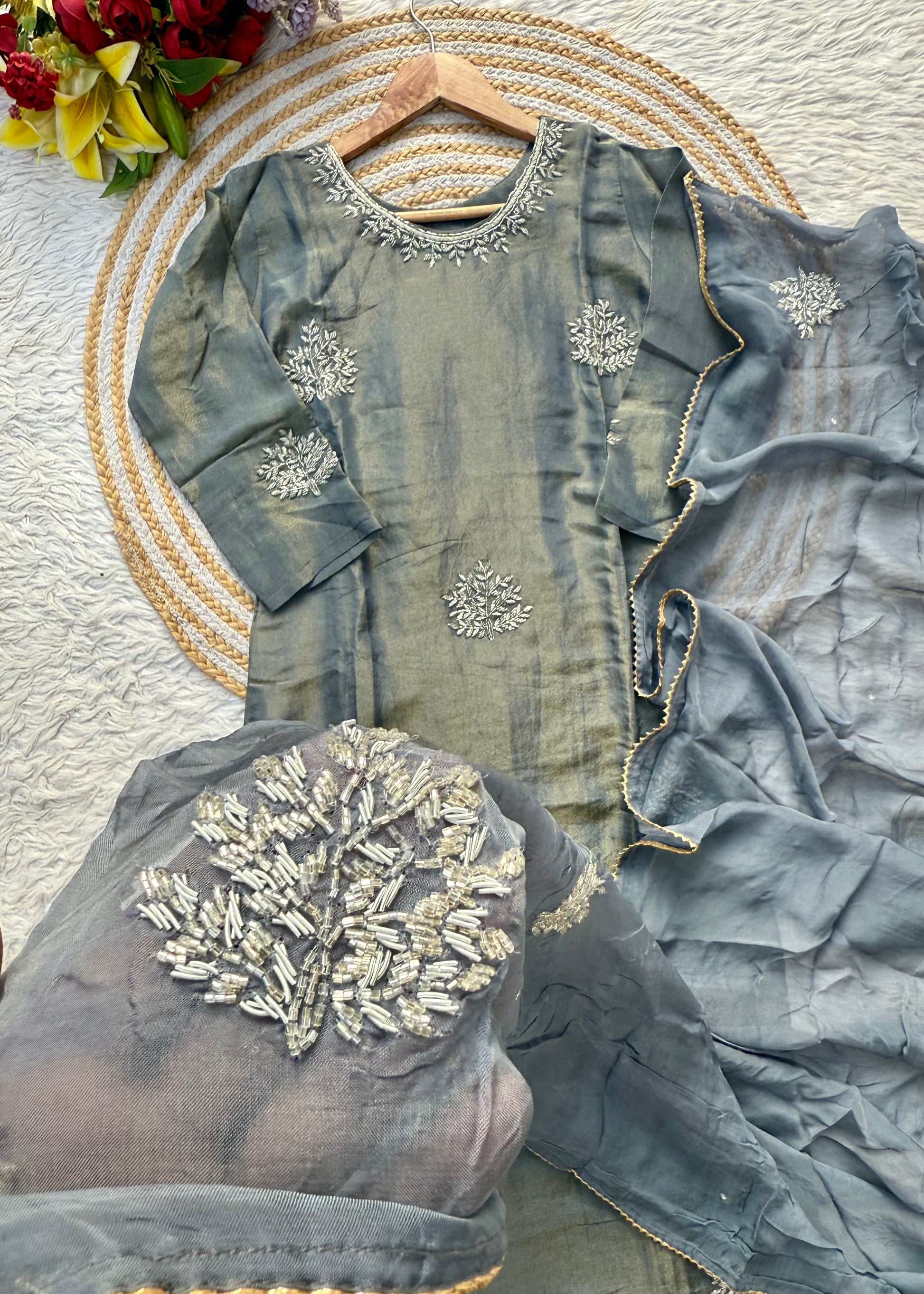 “DEEPALI” Best seller premium Silver Zardozi  tissue silk kurti set