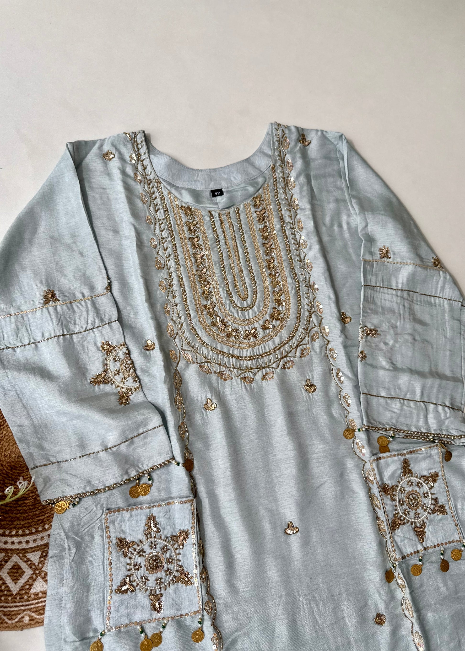 “Aylize” Elegant Dola Silk heavy handwork Kurta Set with Dupatta