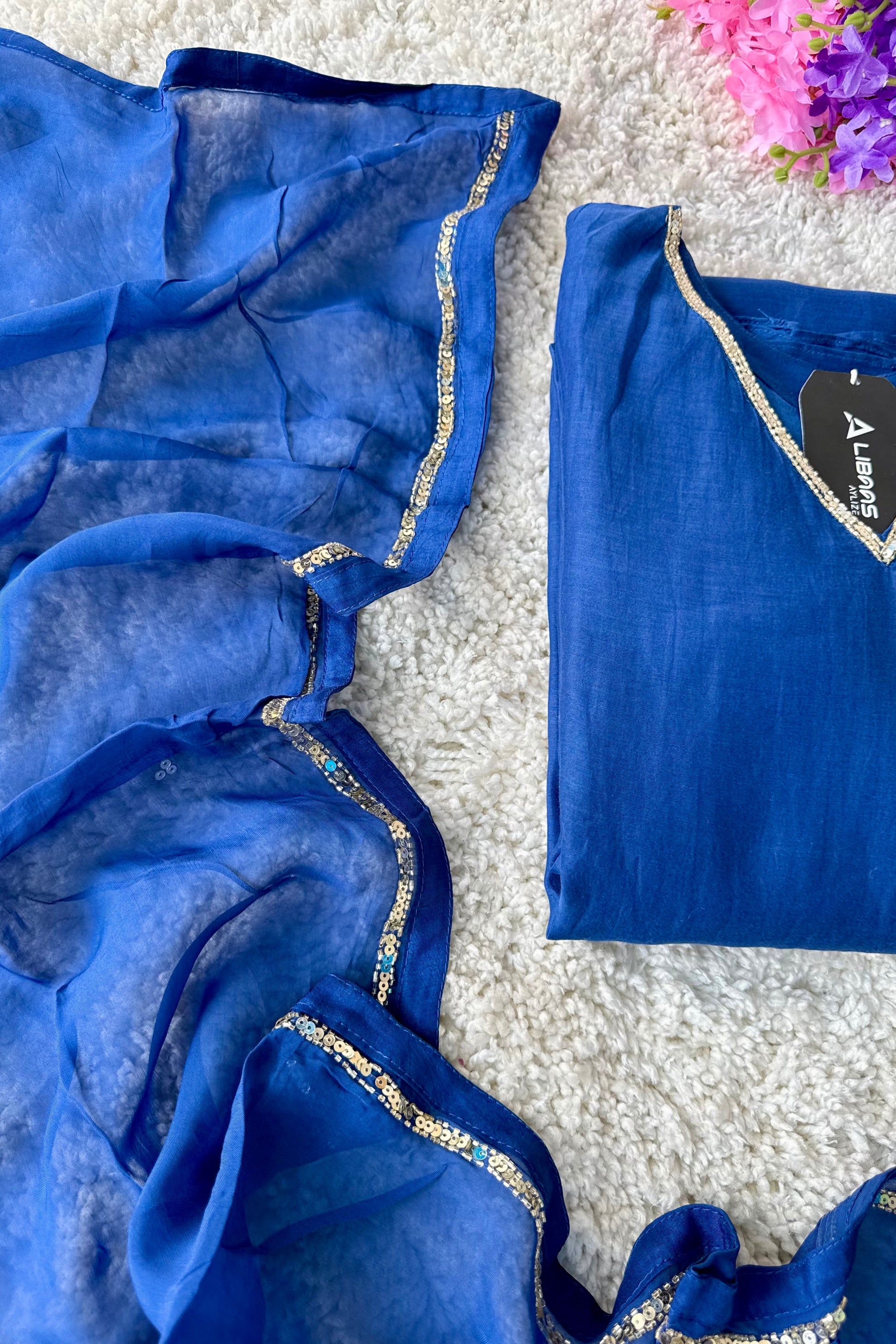 💙”Magic- Party Wear Royal Blue Mul Chanderi A Line Suit set 🛍️