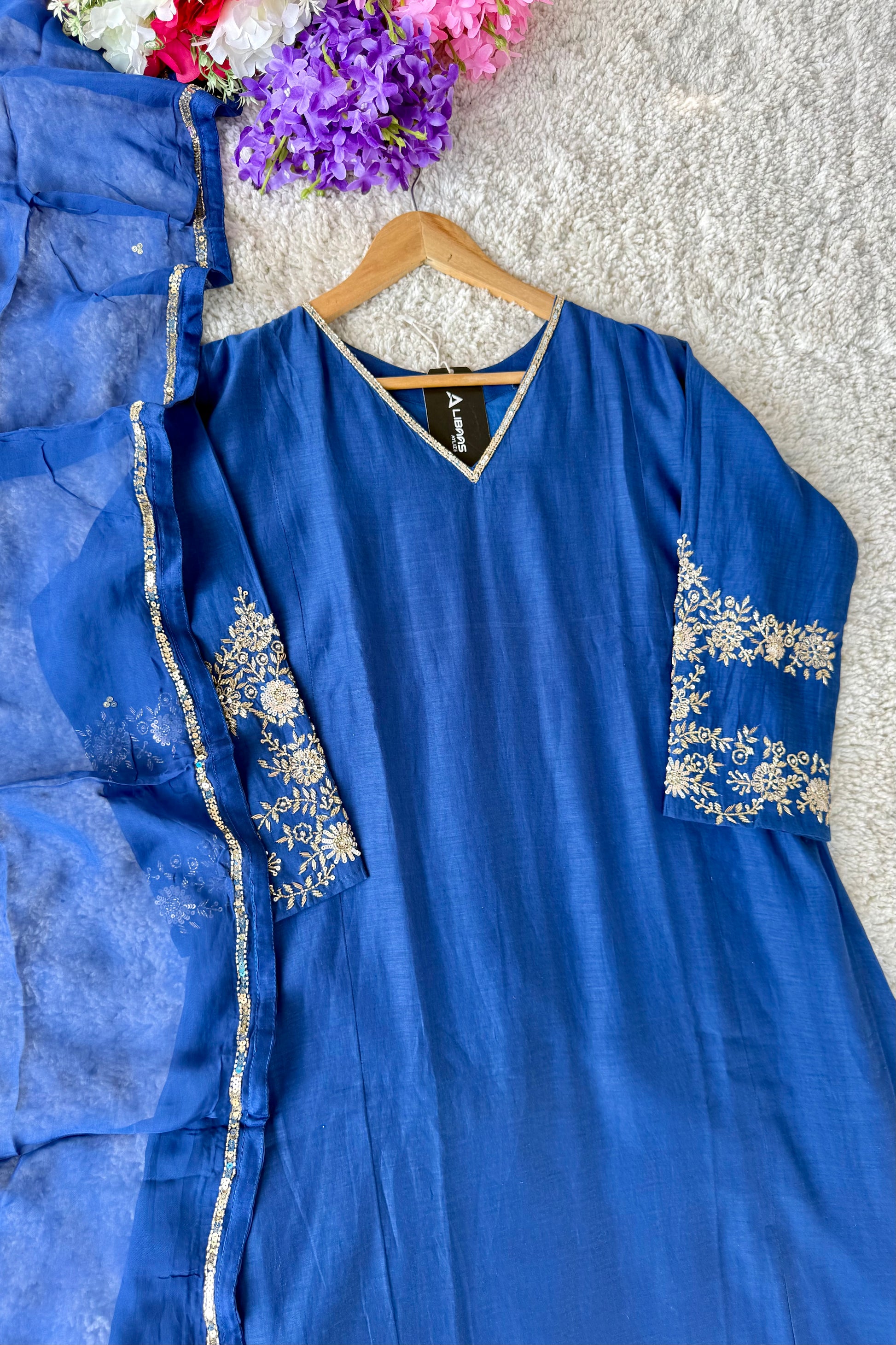 💙”Magic- Party Wear Royal Blue Mul Chanderi A Line Suit set 🛍️