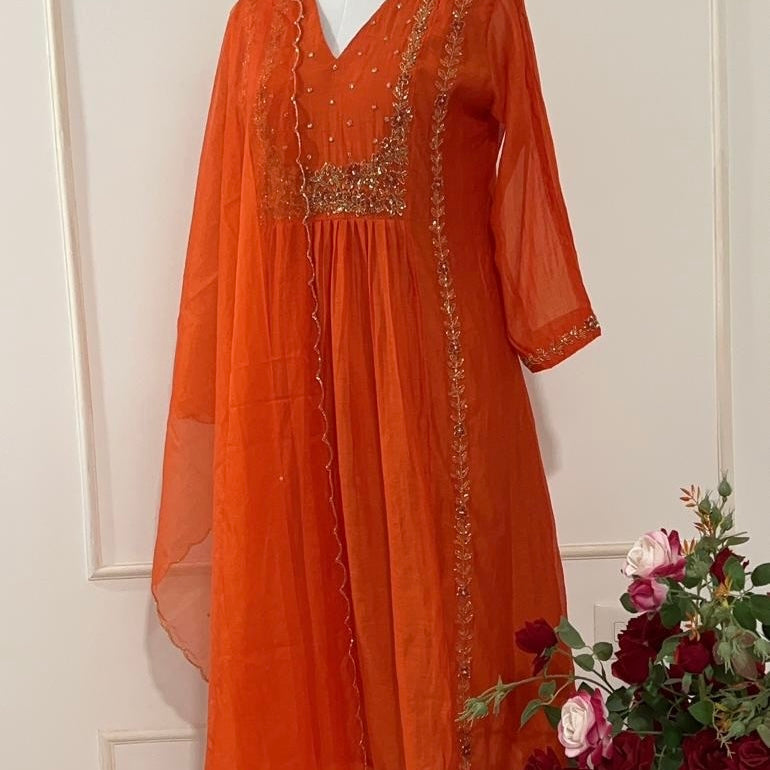 “Ayza” Orange Mul Chanderi A Line Suit set 🛍️