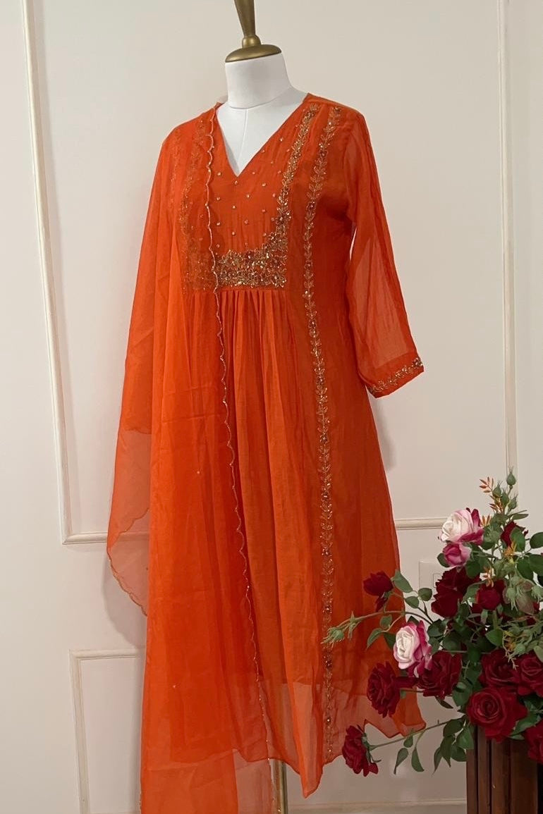 “Ayza” Orange Mul Chanderi A Line Suit set 🛍️