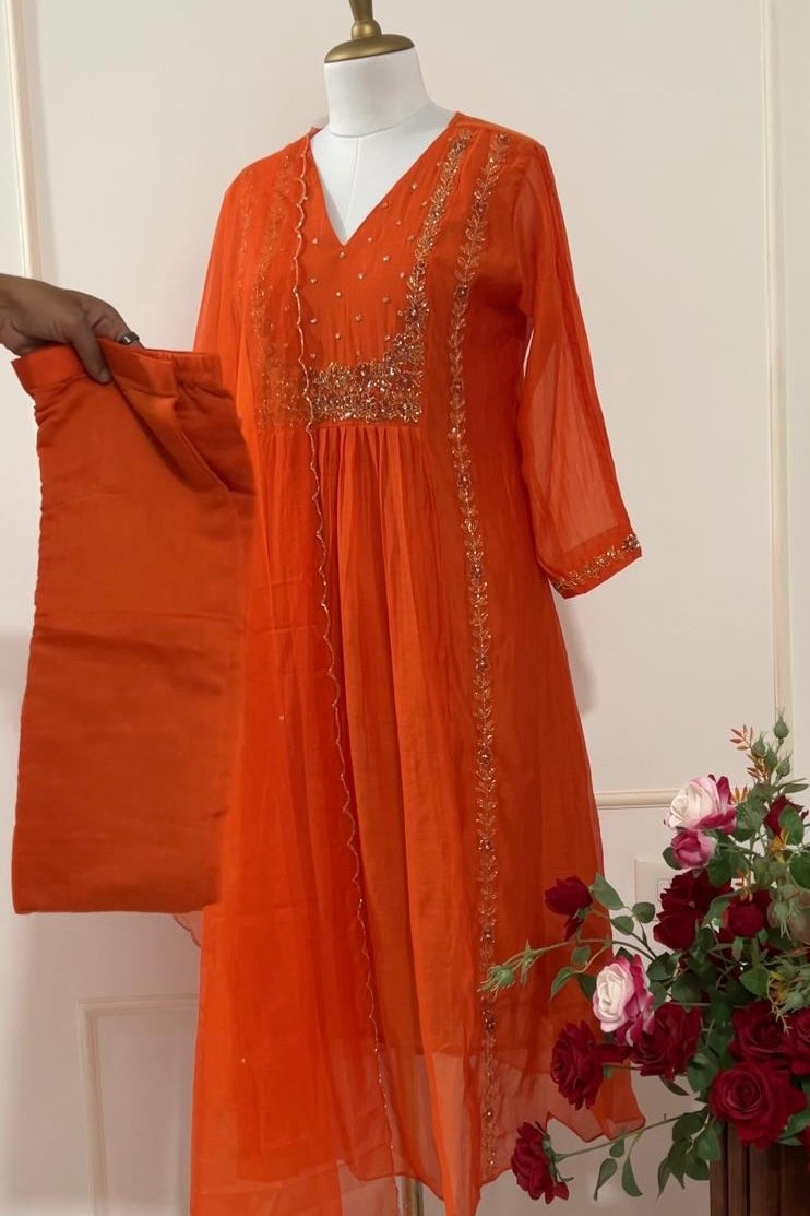 “Ayza” Pre booking Orange Mul Chanderi A Line Suit set 🛍️