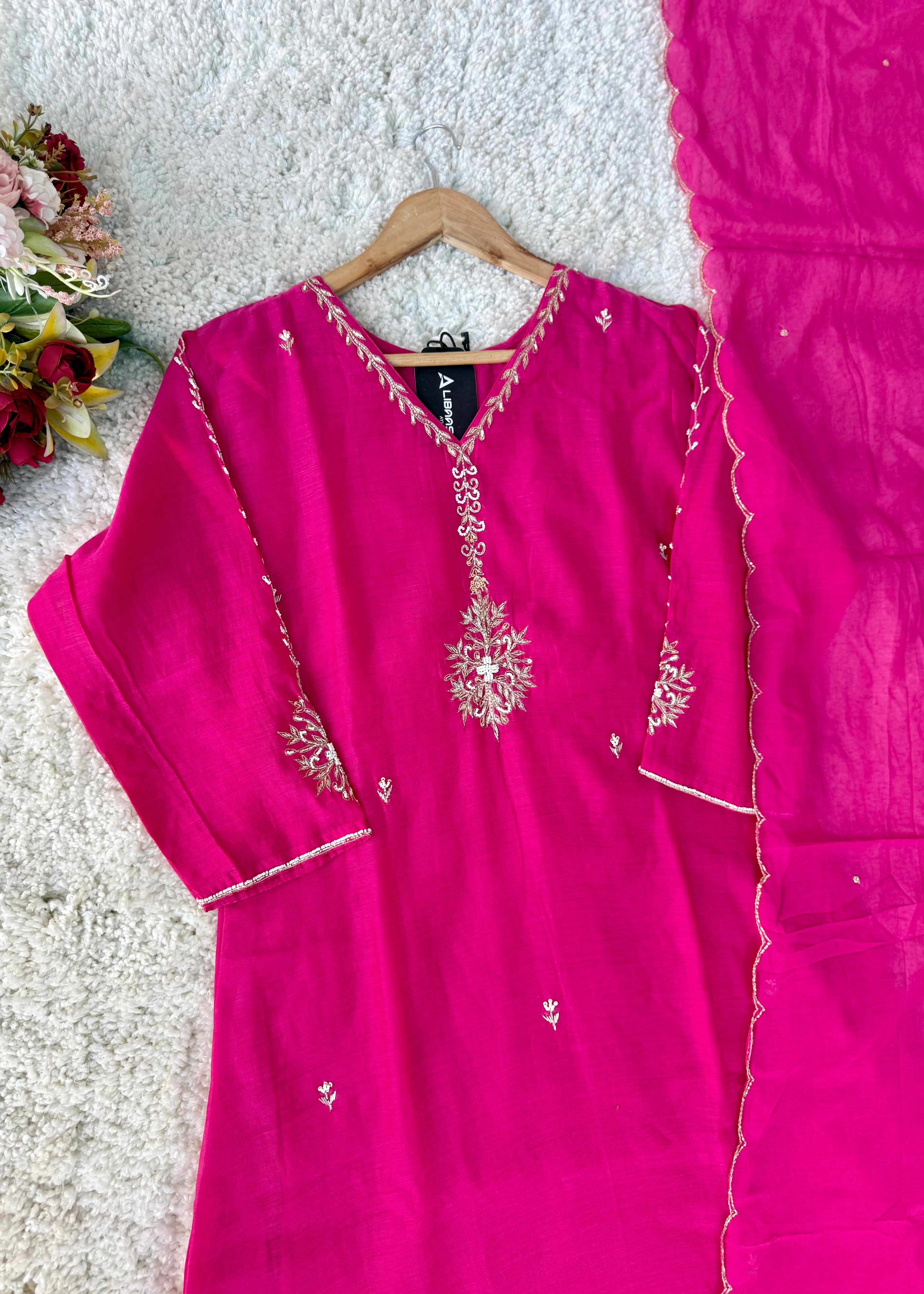 “HAYA” Premium Pink Mul Chanderi A-Line Kurta with Bottom & Dupatta