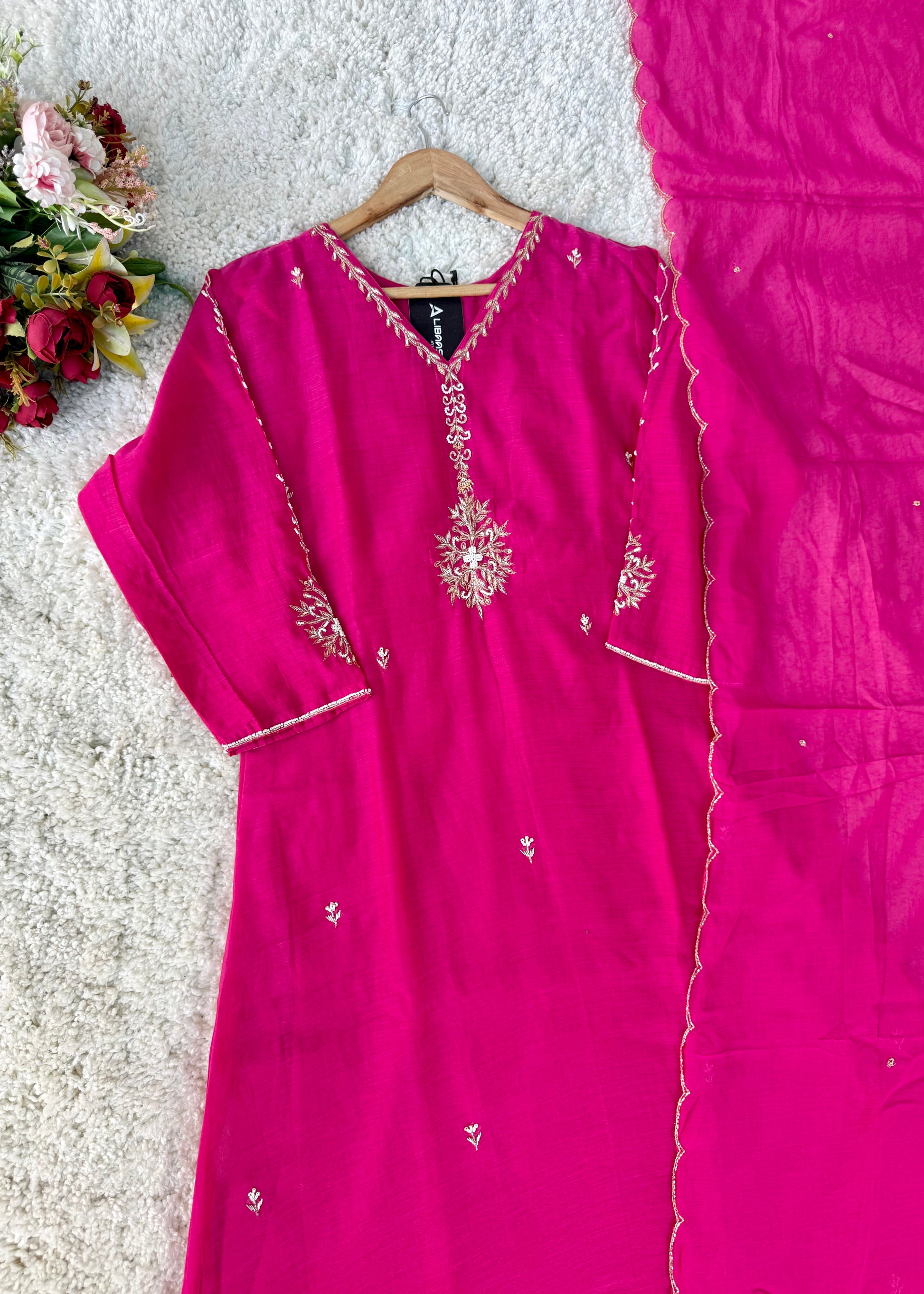“HAYA” Premium Pink Mul Chanderi A-Line Kurta with Bottom & Dupatta