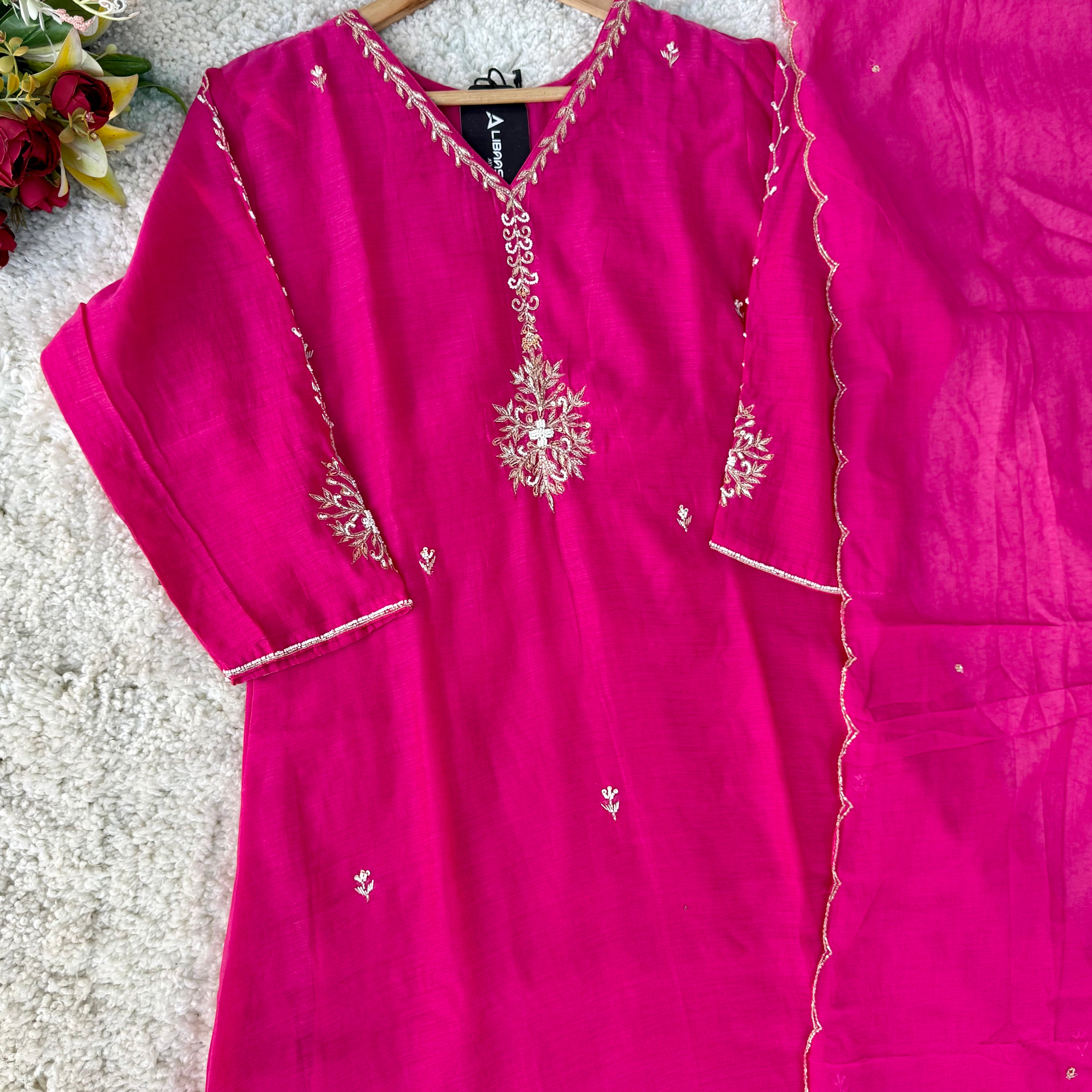 “HAYA” Premium Pink Mul Chanderi A-Line Kurta with Bottom & Dupatta