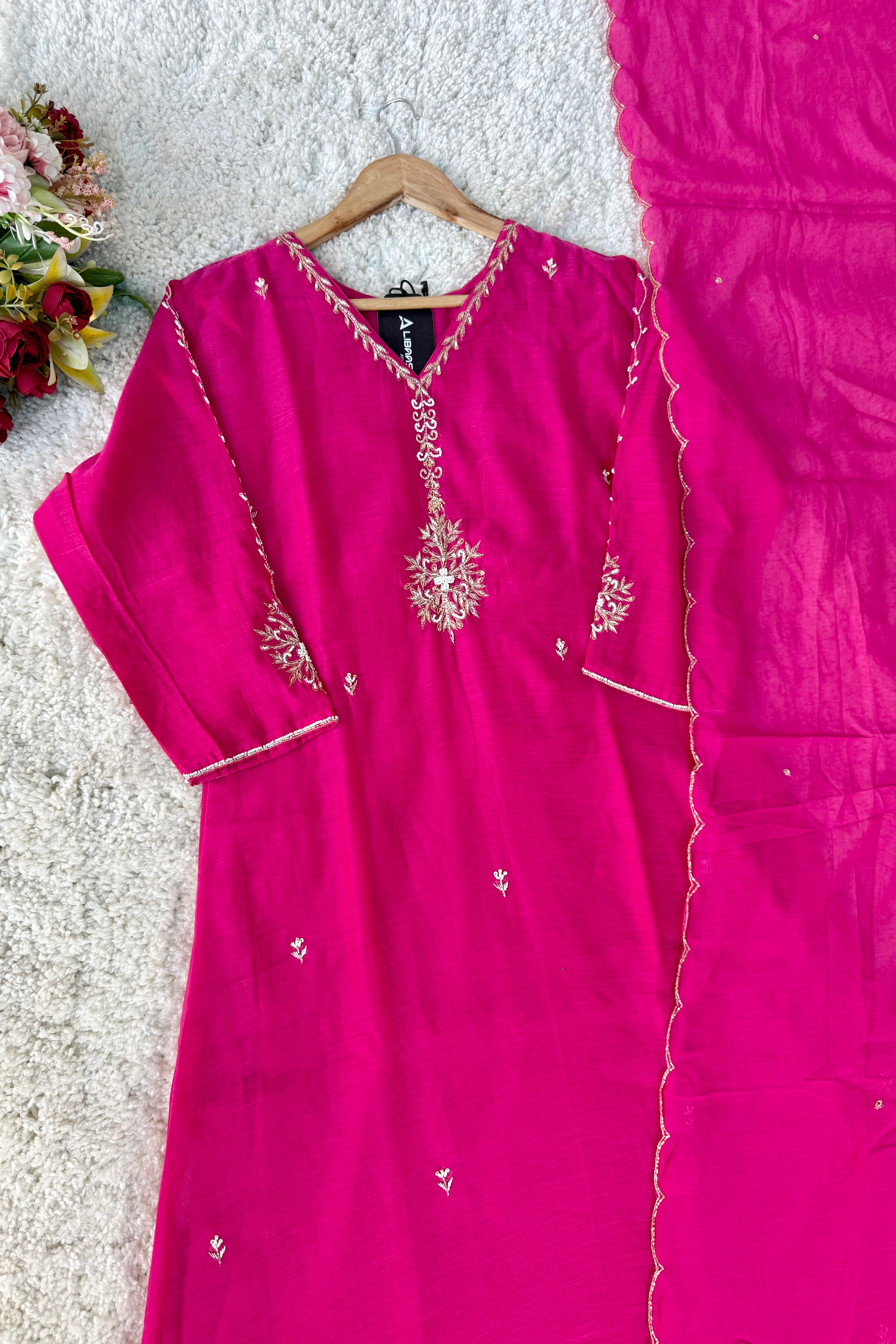 “HAYA” Premium Pink Mul Chanderi A-Line Kurta with Bottom & Dupatta
