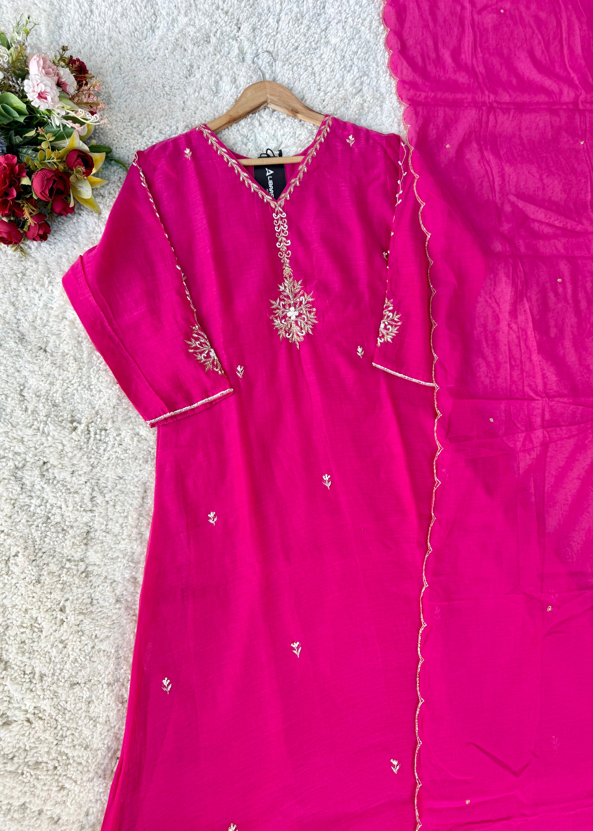 “HAYA” Premium Pink Mul Chanderi A-Line Kurta with Bottom & Dupatta