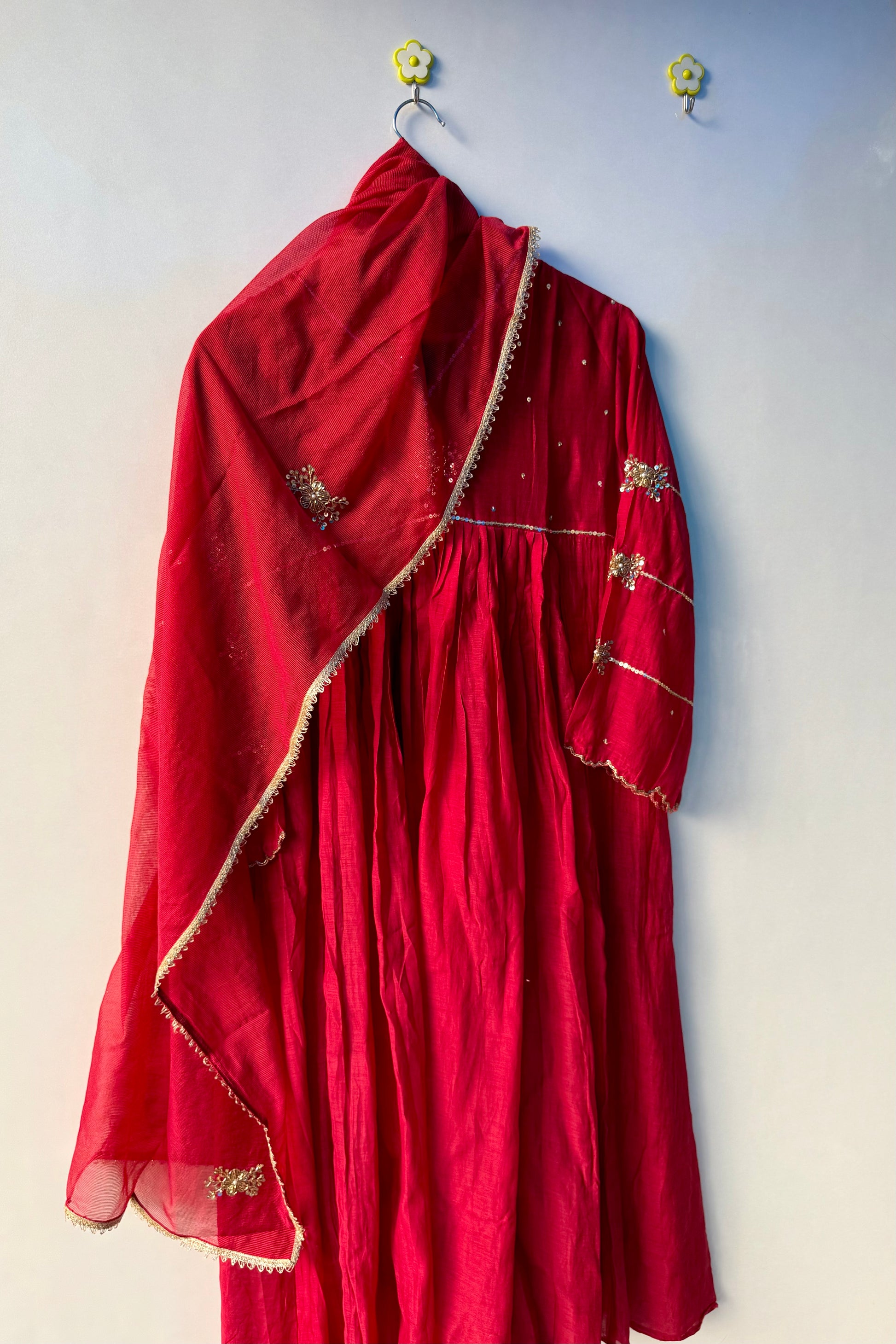 “Anya” Beautiful Red Mul Chanderi Anarkali Kurta set