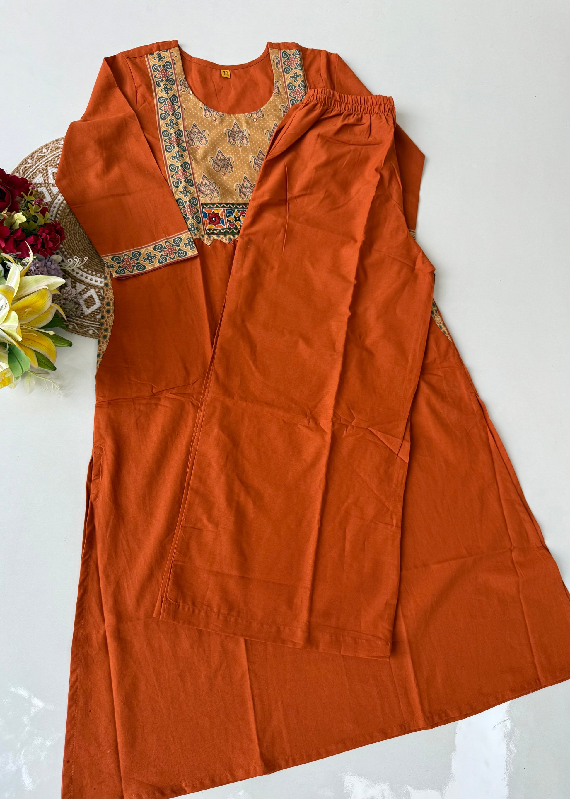 “FARIDA" Mul cotton embroidered kurta palazzo set