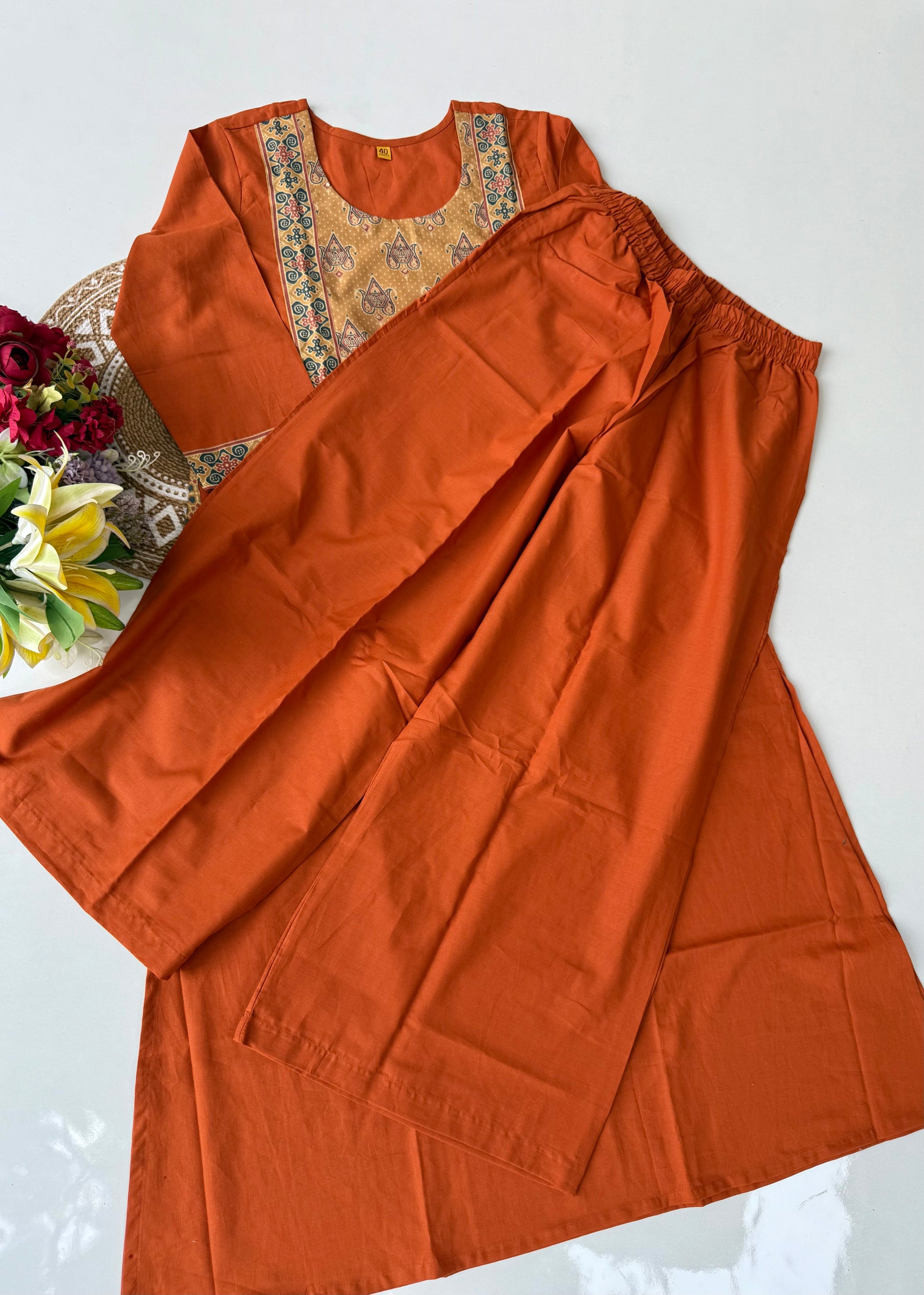 “FARIDA" Mul cotton embroidered kurta palazzo set