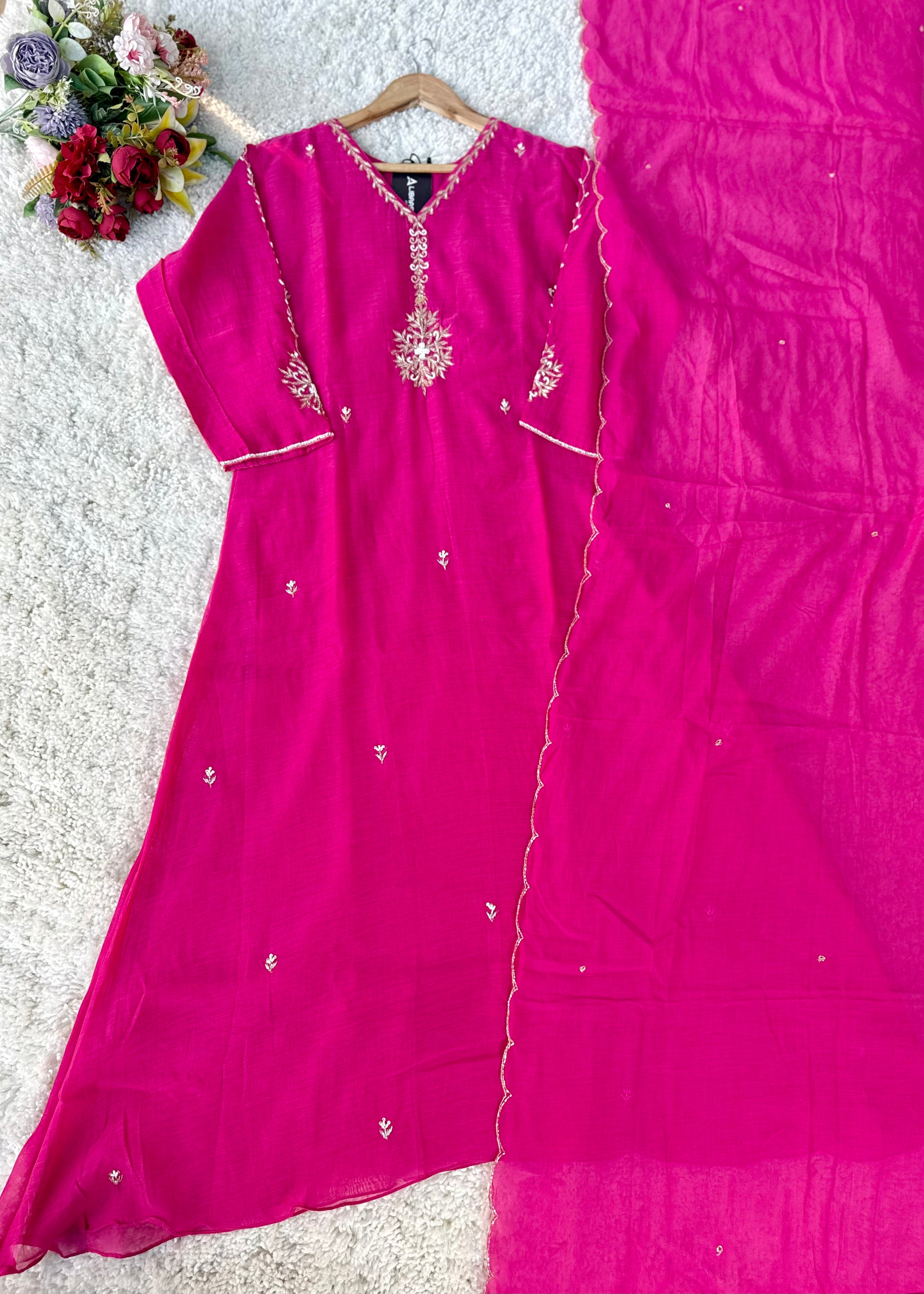 “HAYA” Premium Pink Mul Chanderi A-Line Kurta with Bottom & Dupatta