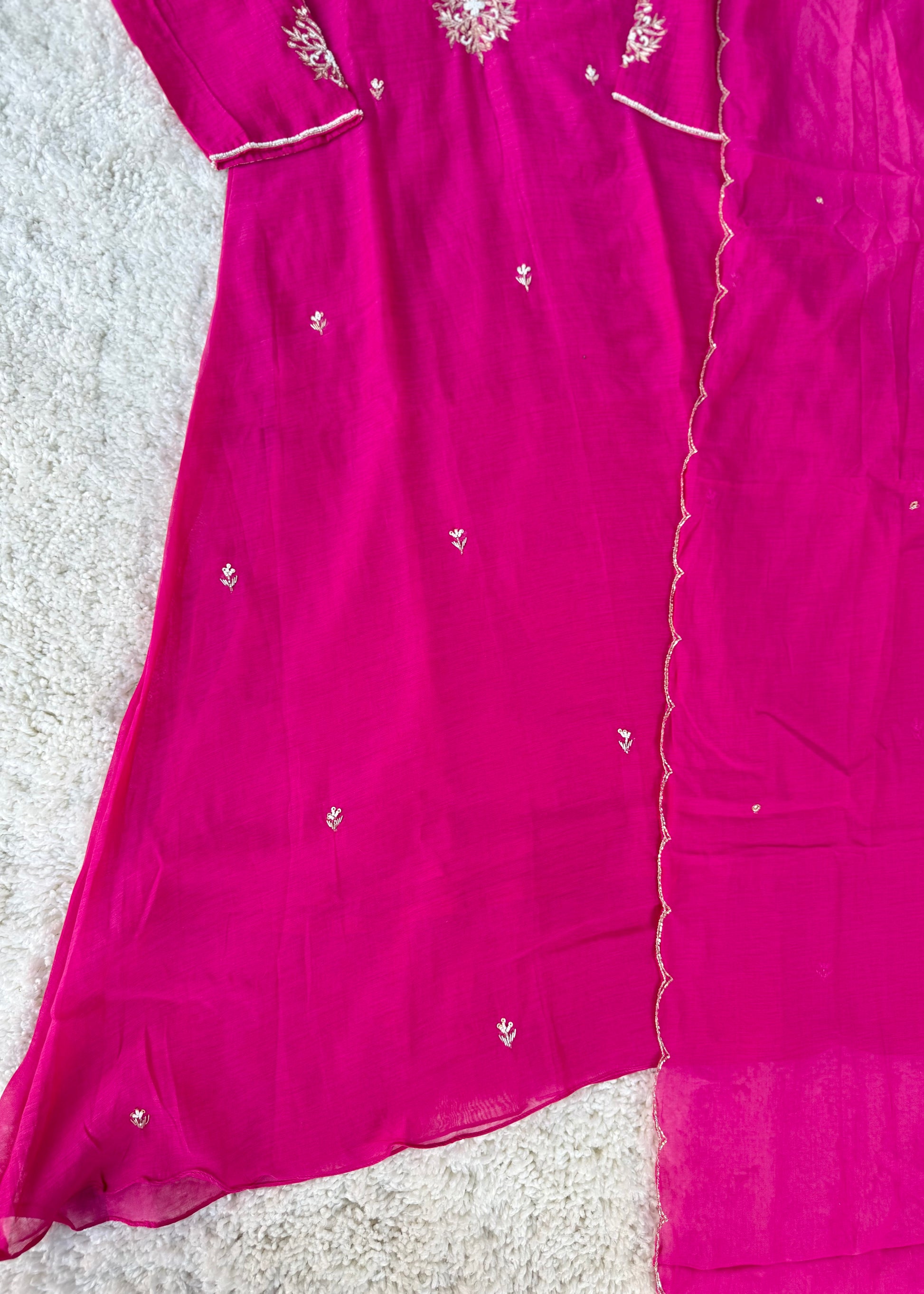 “HAYA” Premium Pink Mul Chanderi A-Line Kurta with Bottom & Dupatta