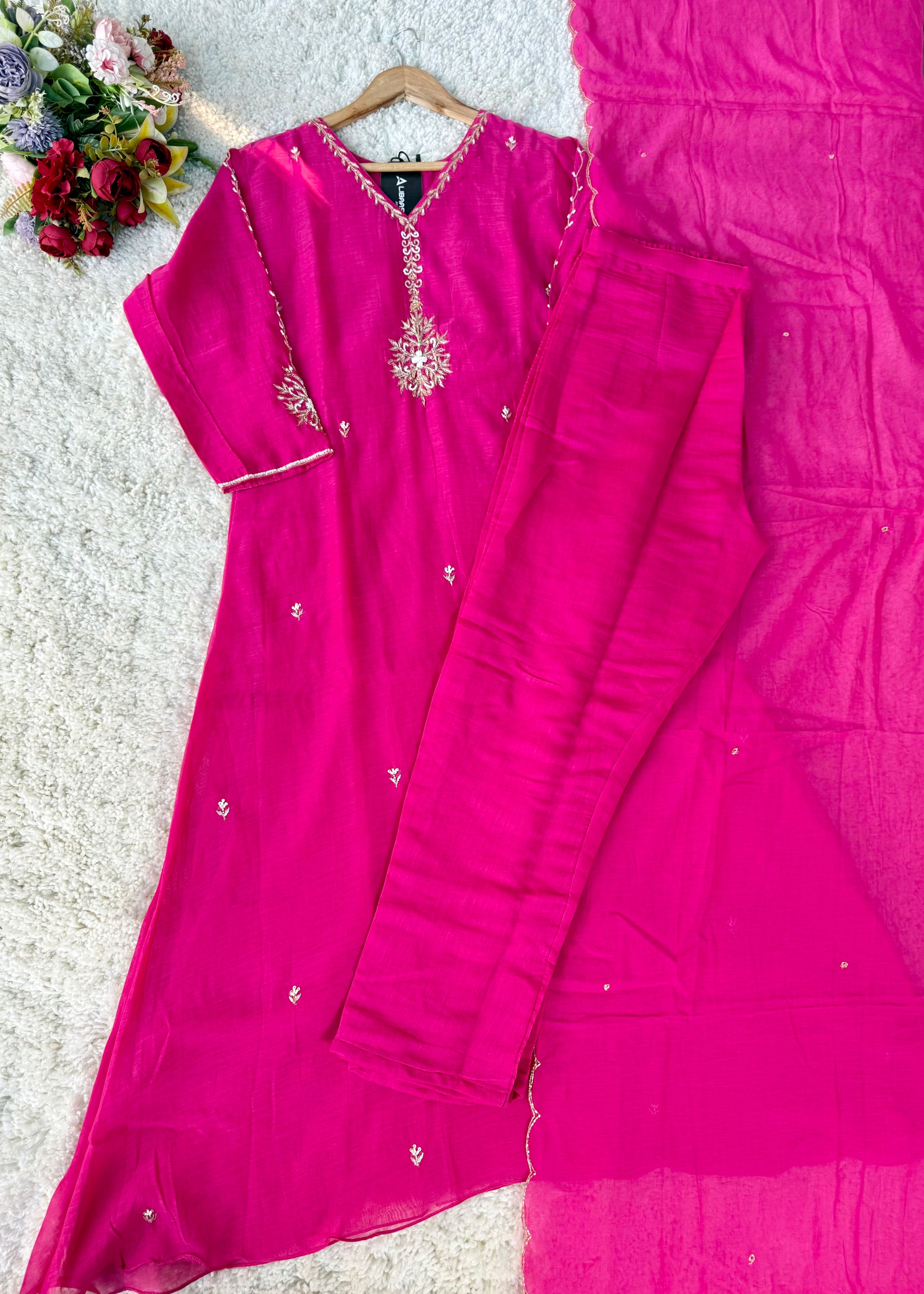 “HAYA” Premium Pink Mul Chanderi A-Line Kurta with Bottom & Dupatta