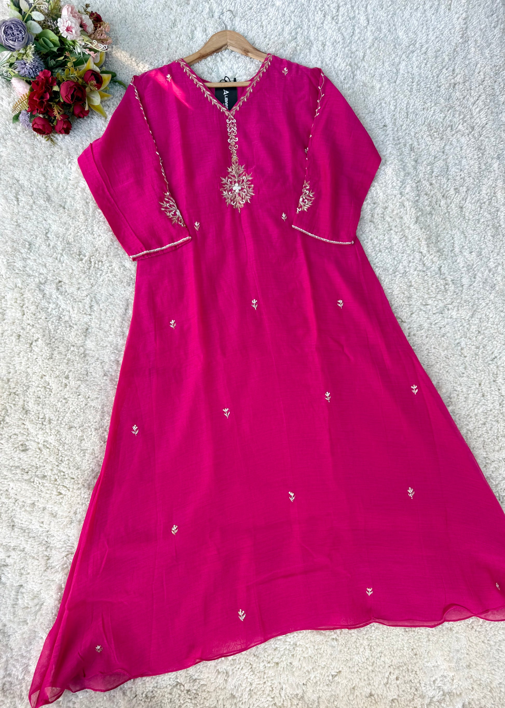“HAYA” Premium Pink Mul Chanderi A-Line Kurta with Bottom & Dupatta