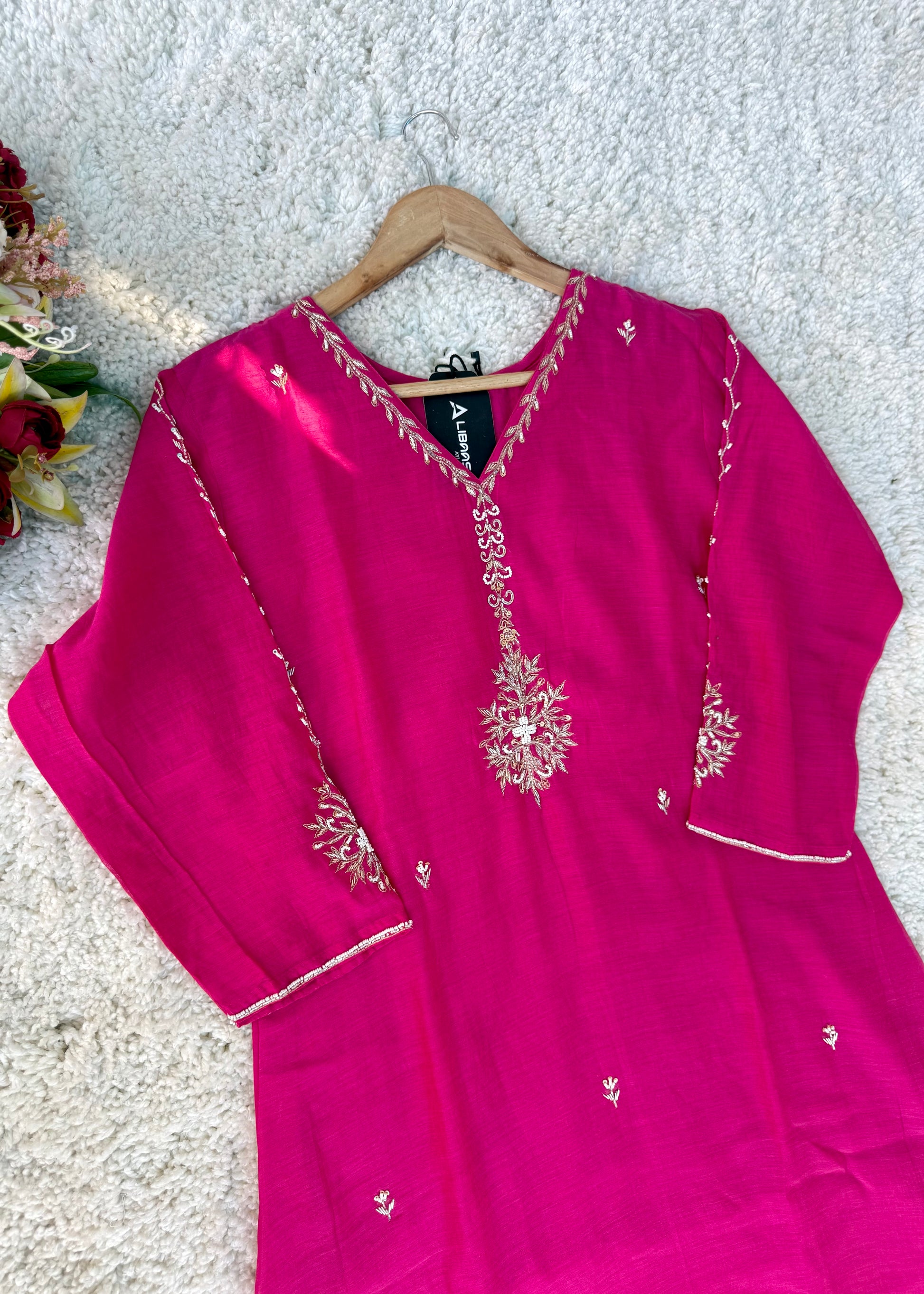“HAYA” Premium Pink Mul Chanderi A-Line Kurta with Bottom & Dupatta