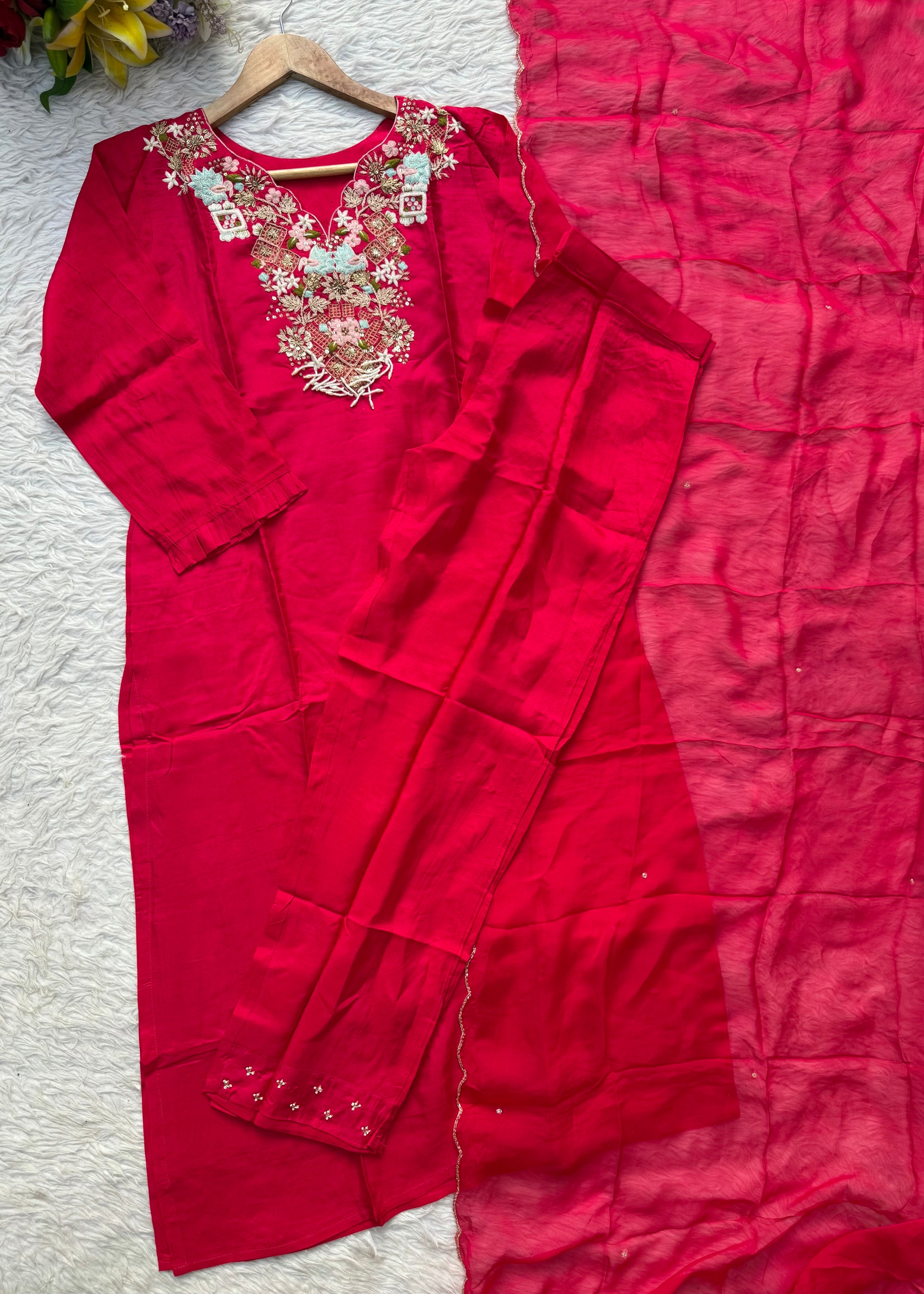 “Aahana ” Premium heavy handwork dola silk kurti set