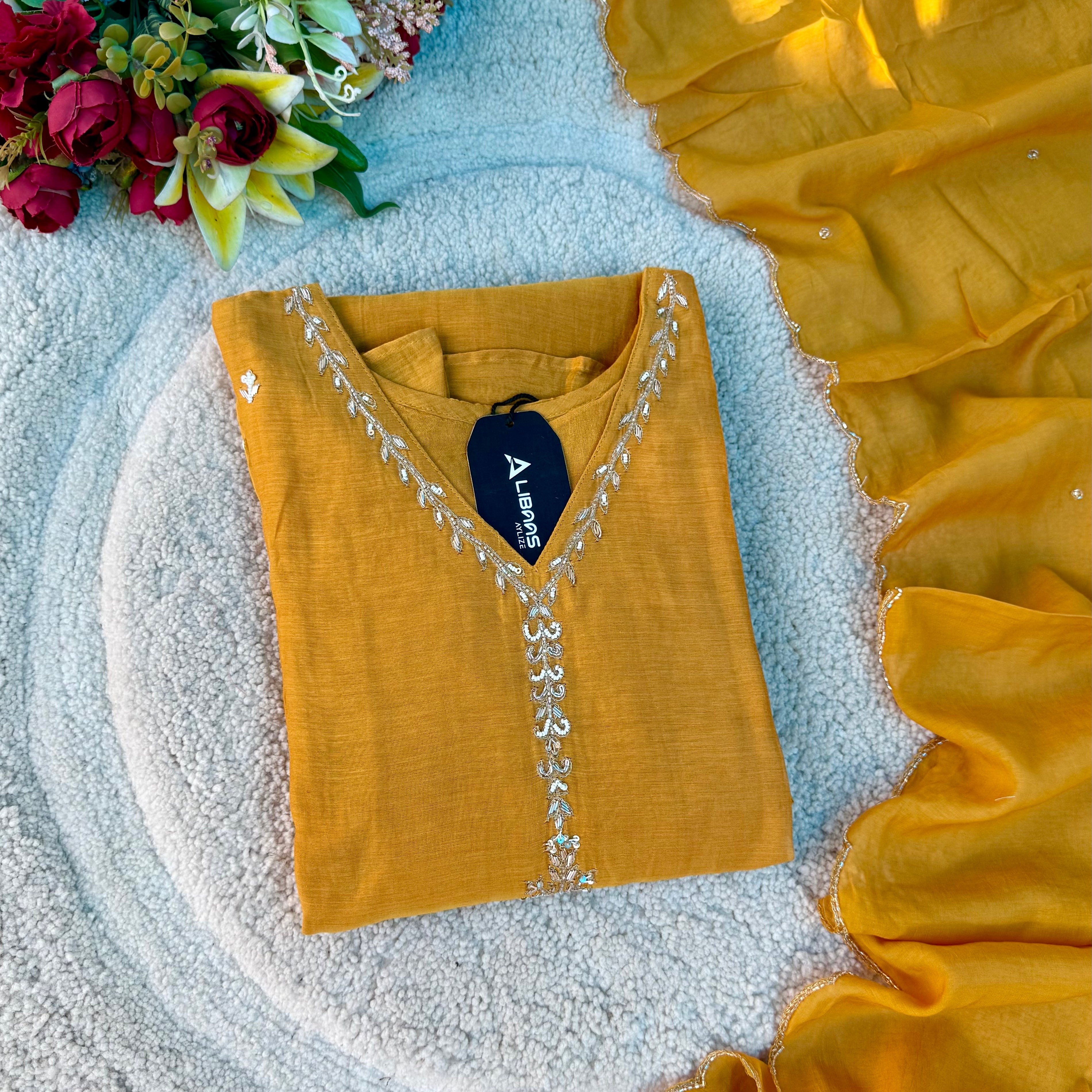 “HAYA” Premium Yellow Mul Chanderi A-Line Kurta with Bottom & Dupatta