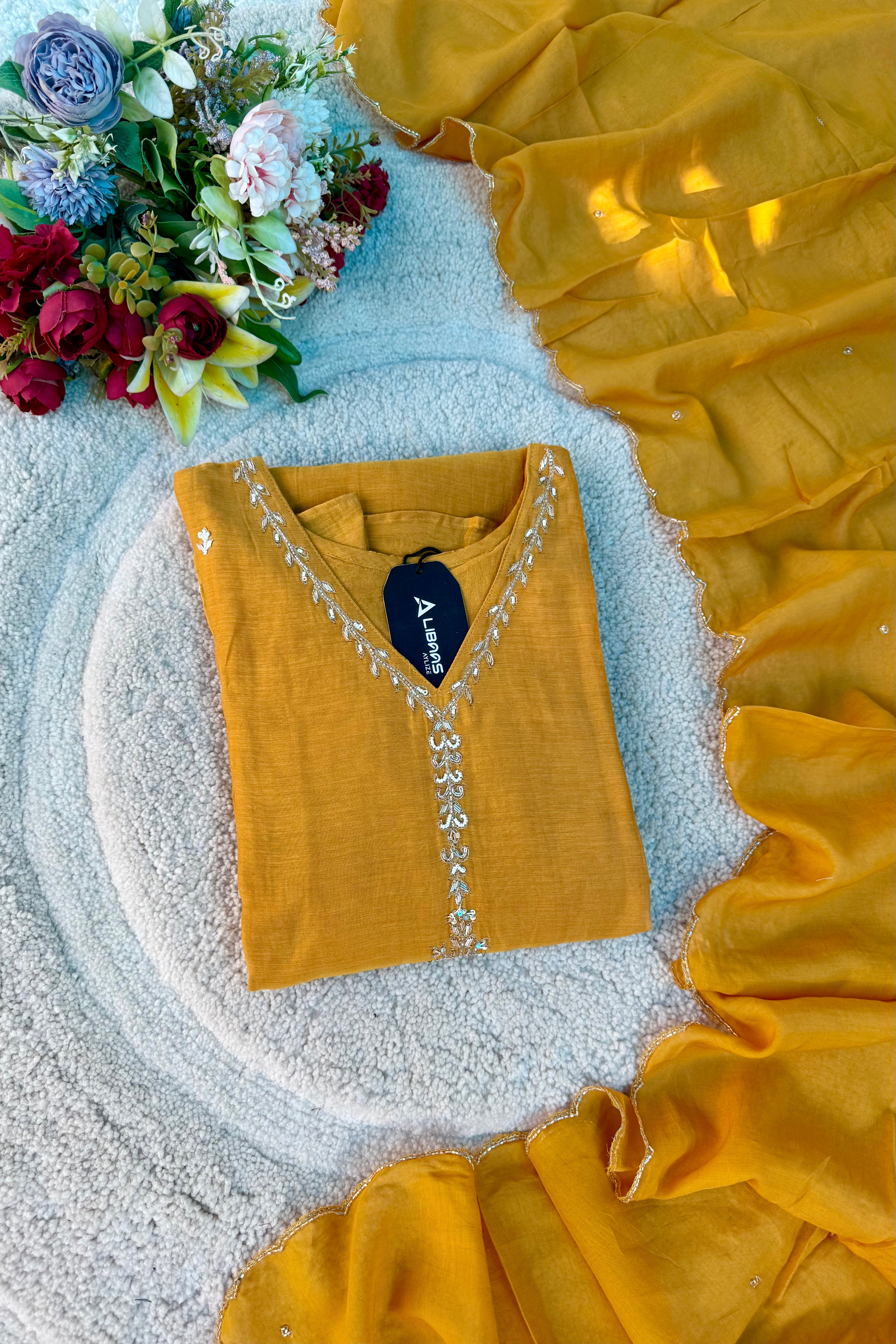 “HAYA” Premium Yellow Mul Chanderi A-Line Kurta with Bottom & Dupatta