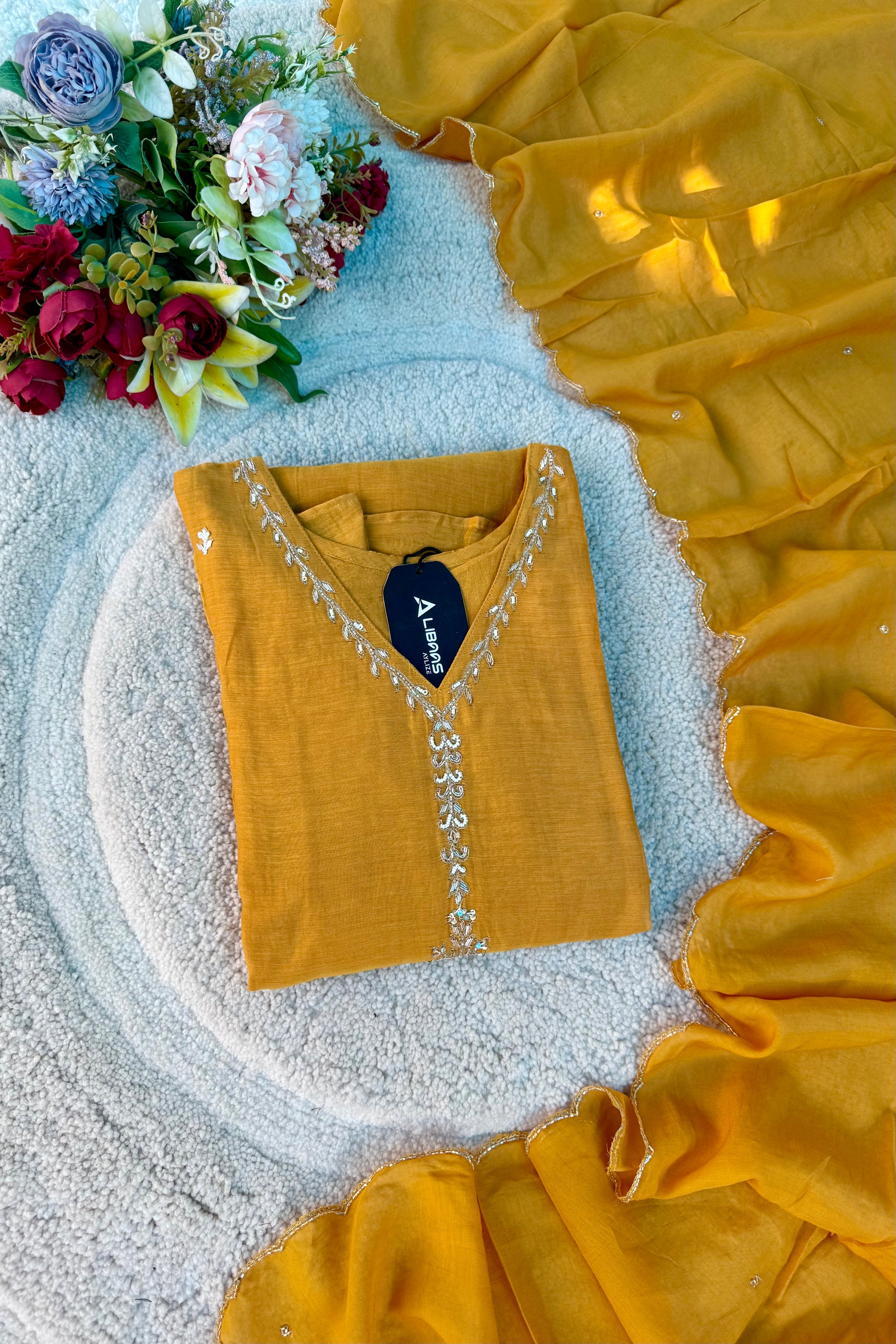 “HAYA” Premium Yellow Mul Chanderi A-Line Kurta with Bottom & Dupatta