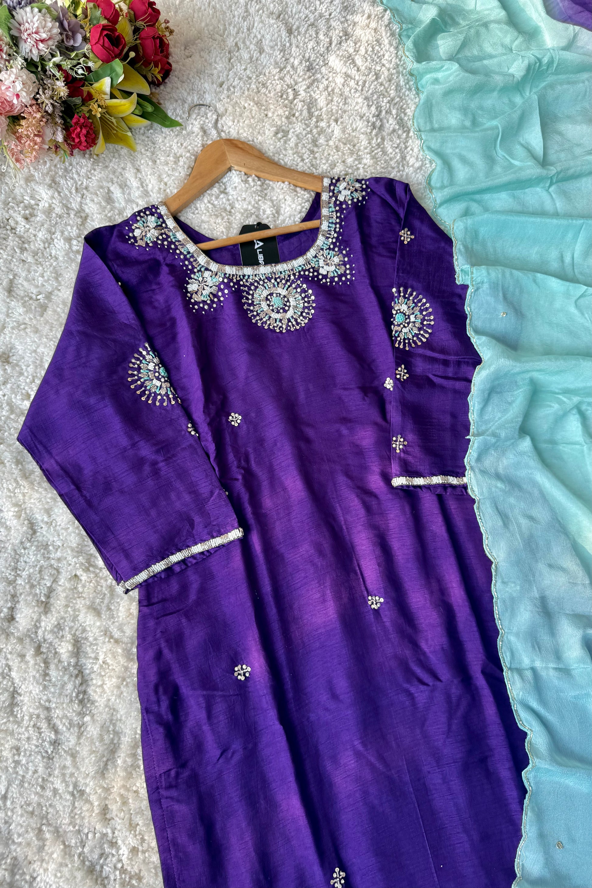 ✨ “Aqua – Royal Purple Dola Silk Kurta Set with Ombre Dupatta