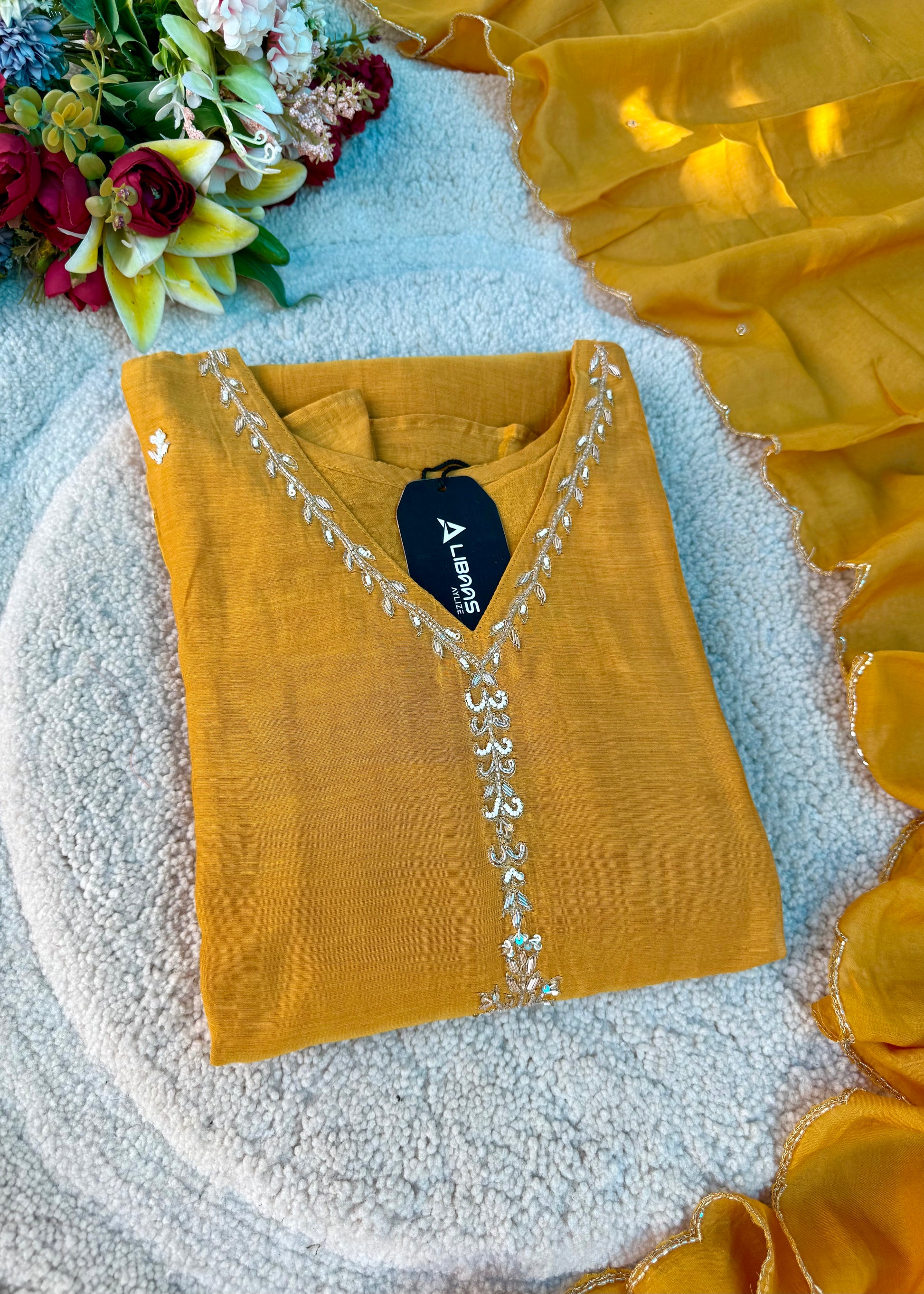“HAYA” Premium Yellow Mul Chanderi A-Line Kurta with Bottom & Dupatta