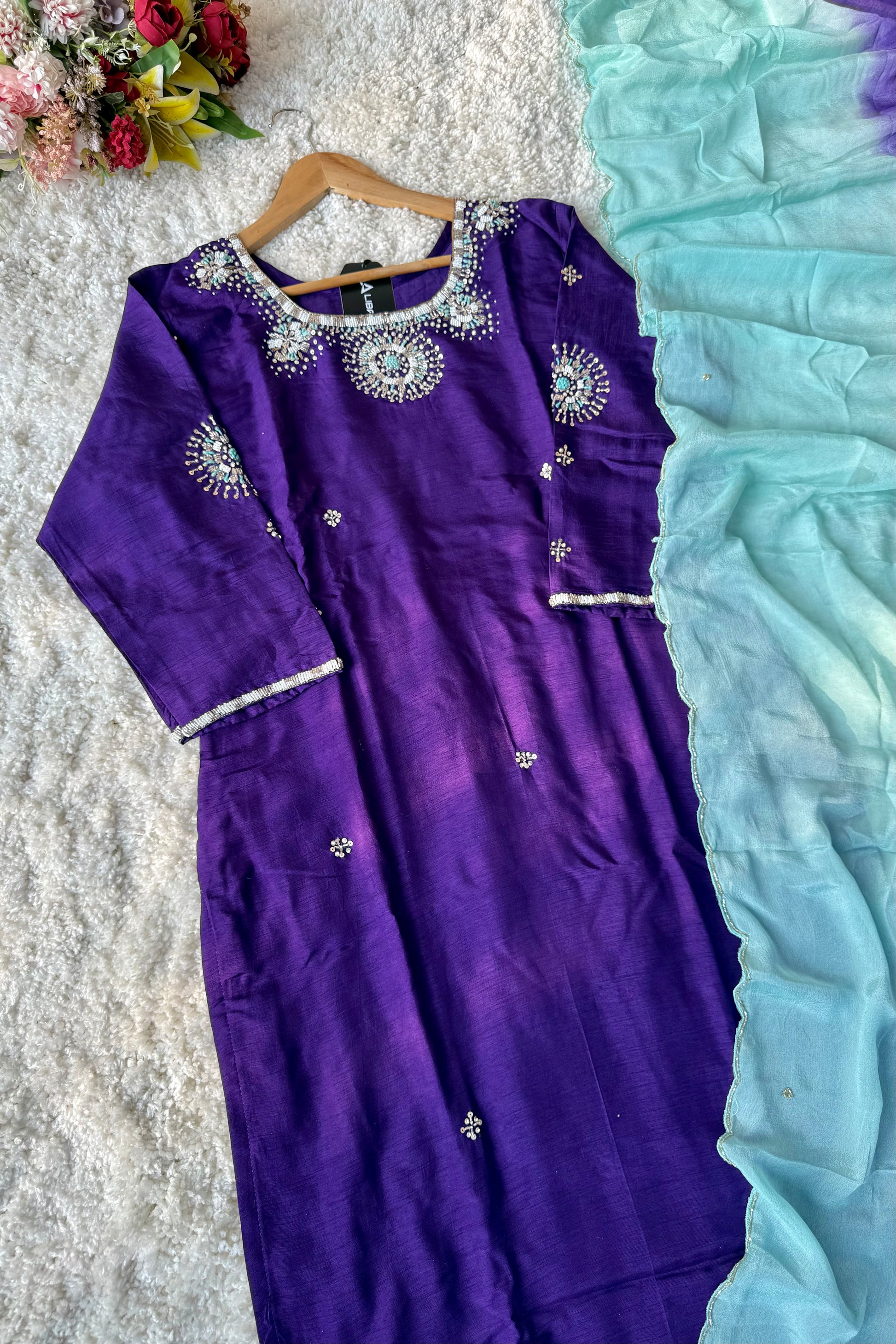 ✨ “Aqua – Royal Purple Dola Silk Kurta Set with Ombre Dupatta