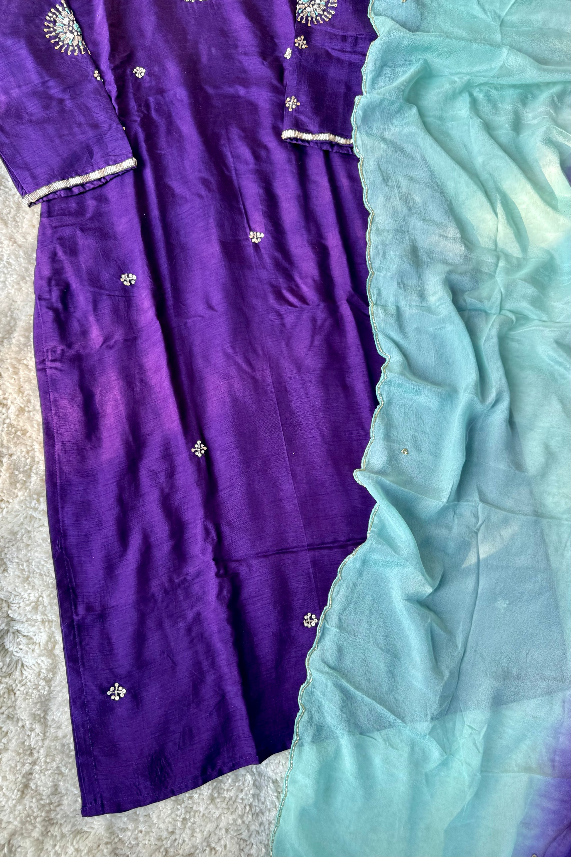 ✨ “Aqua – Royal Purple Dola Silk Kurta Set with Ombre Dupatta