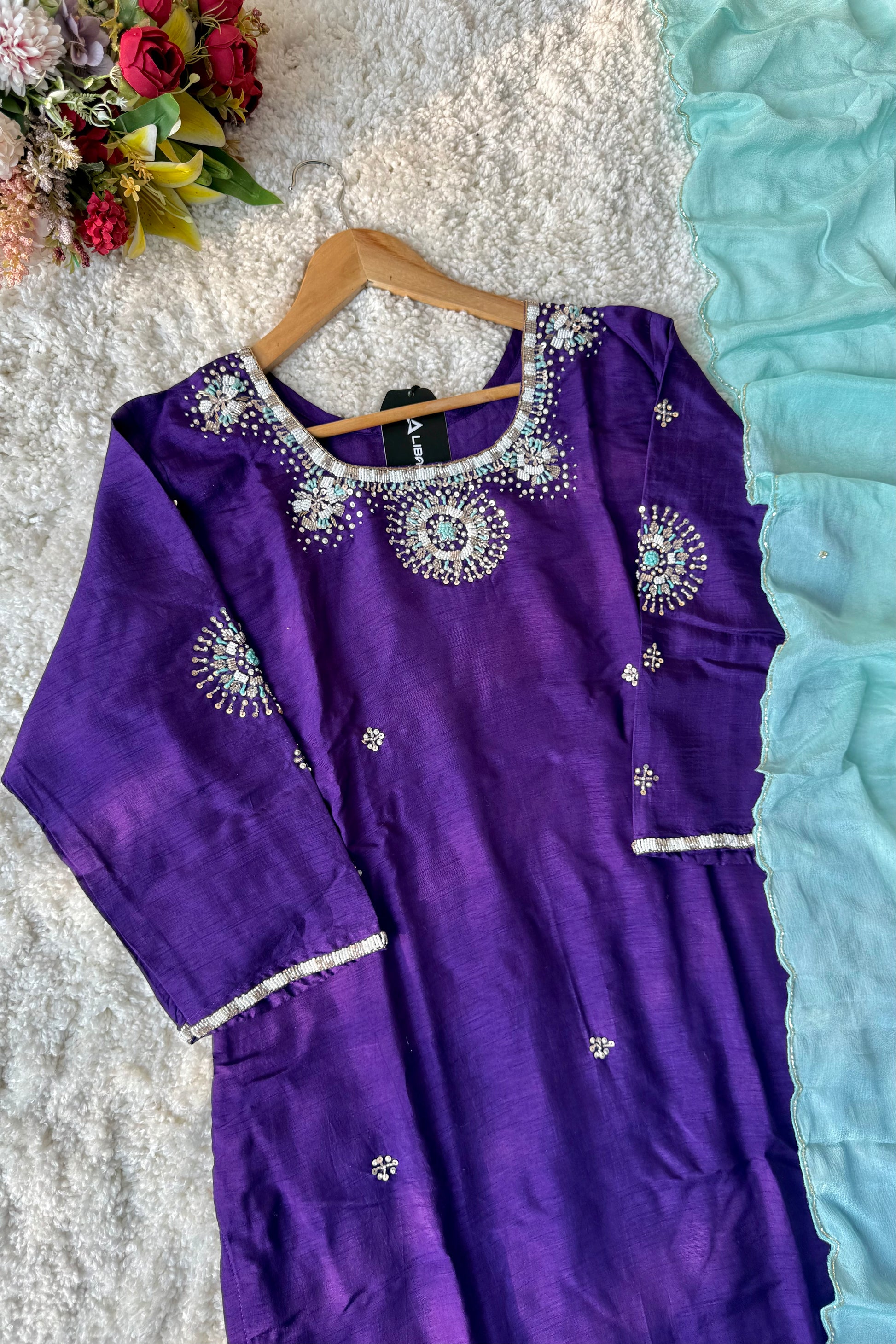 ✨ “Aqua – Royal Purple Dola Silk Kurta Set with Ombre Dupatta