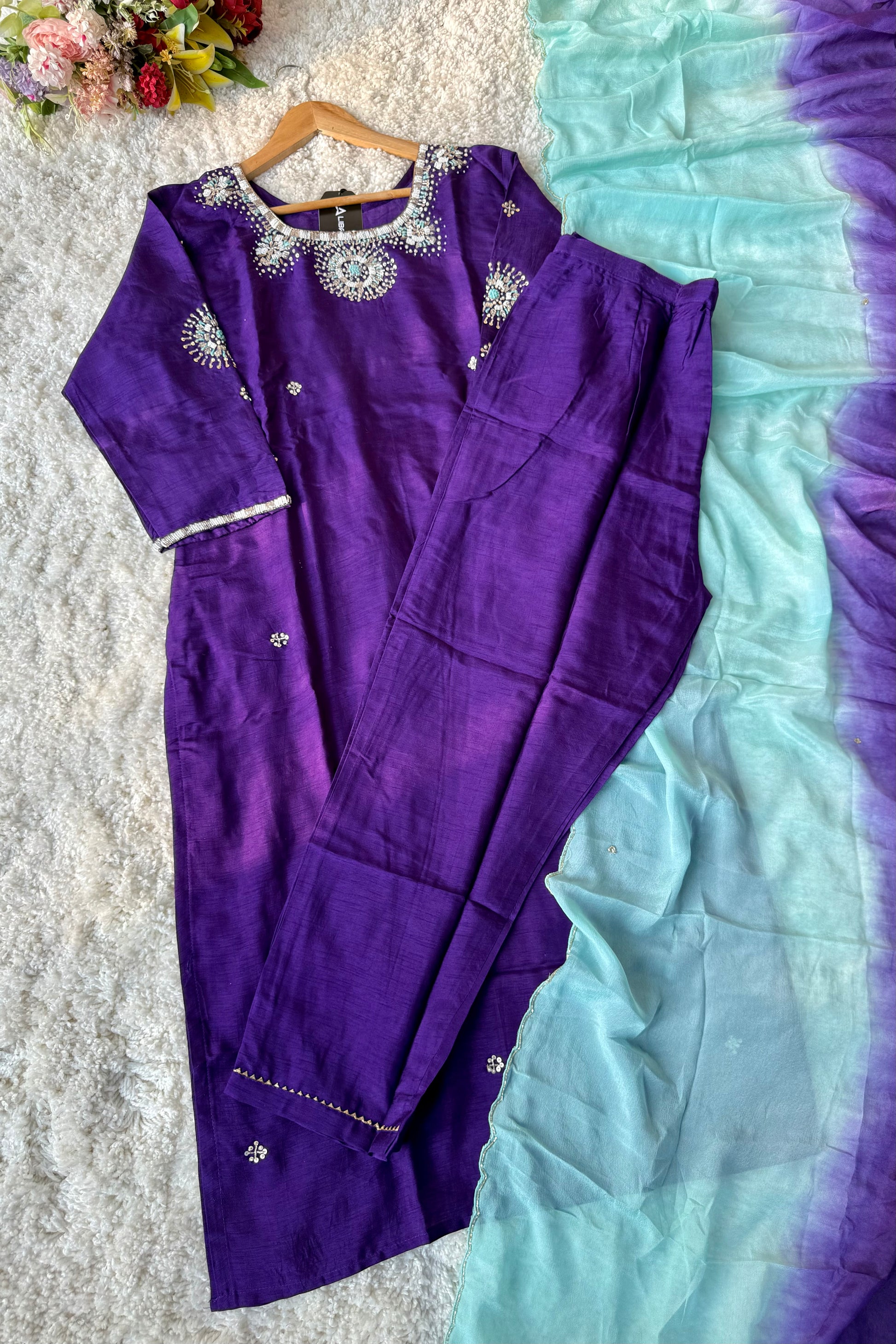✨ “Aqua – Royal Purple Dola Silk Kurta Set with Ombre Dupatta