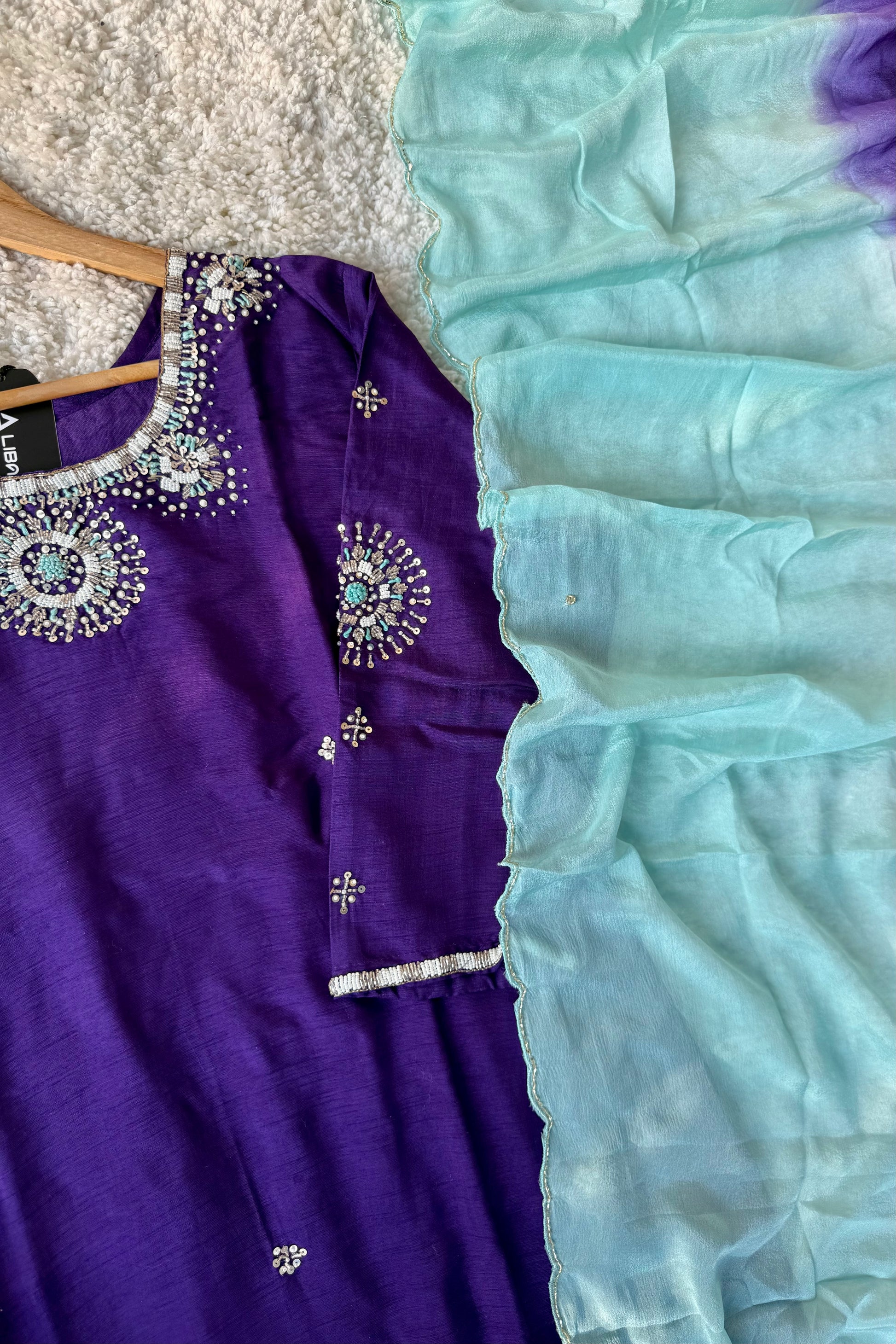 ✨ “Aqua – Royal Purple Dola Silk Kurta Set with Ombre Dupatta