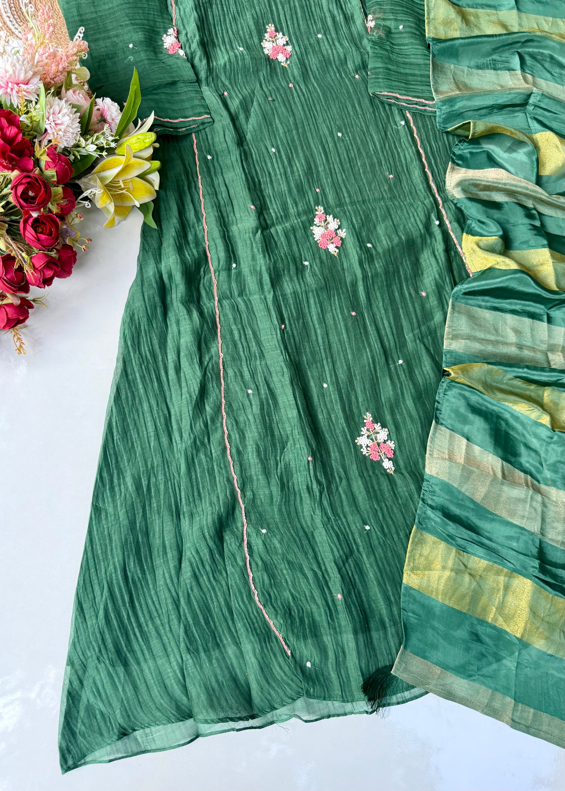 “Myra” Green Mul Chanderi A-Line Anarkali Kurta